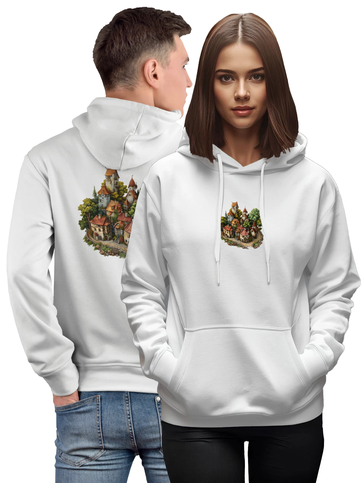 Худи Миниатюрная сказочная деревня с башенками белое с принтом — деревья — Белая, фото 1