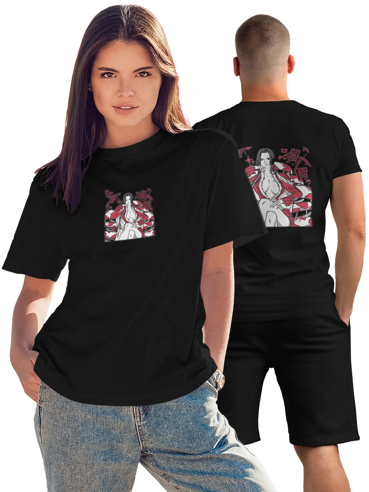 Футболка Аниме девушка в красном кимоно и белье чёрная с принтом на спине — арт — Чёрная, фото 1
