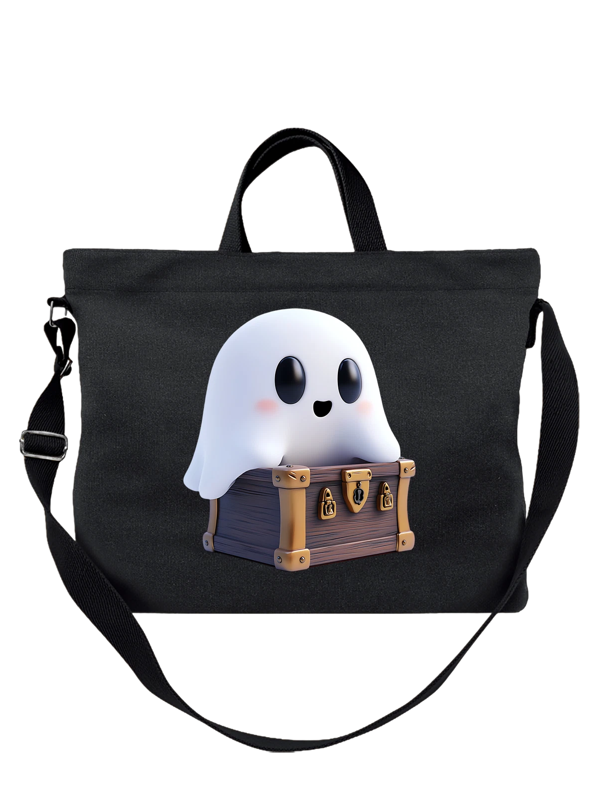 Сумка чёрная с принтом Милый призрак в деревянном сундуке — cute ghost — Чёрная, фото 1