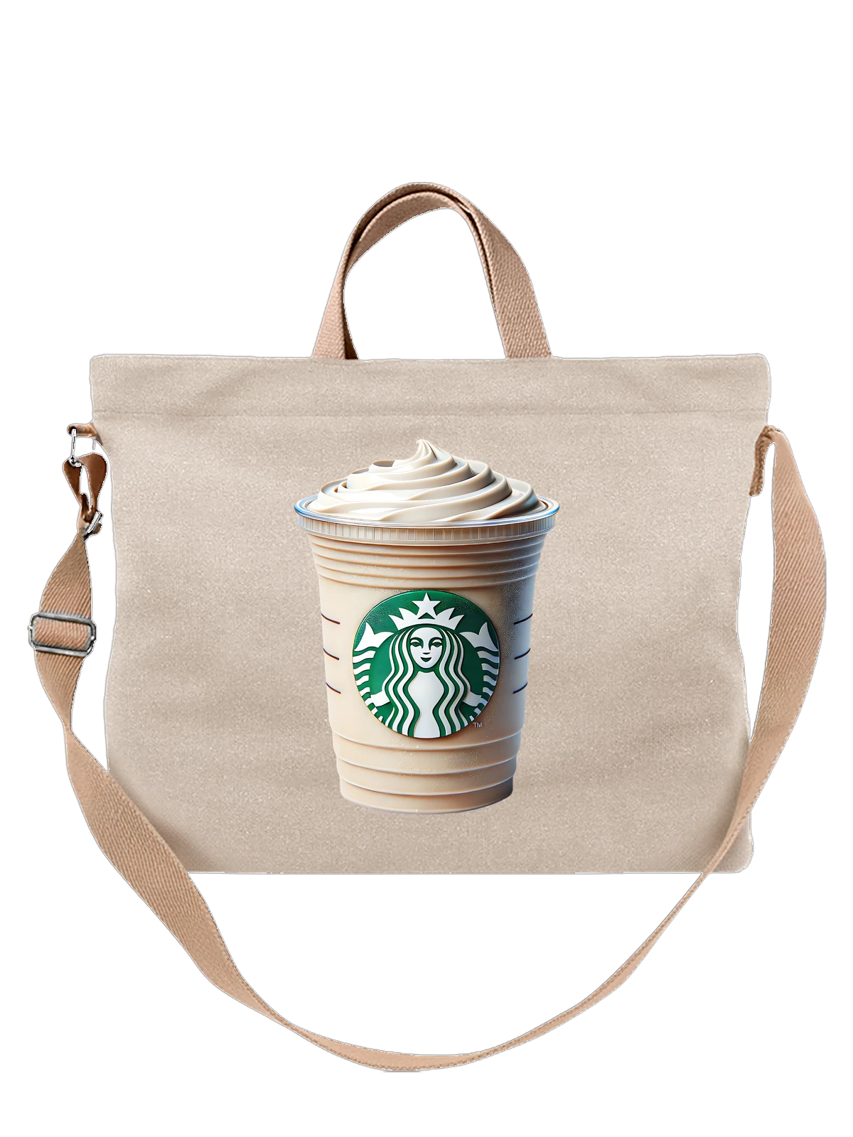 Сумка бежевая с принтом Стакан напитка Starbucks с логотипом — бумажный стакан — Бежевая, фото 1