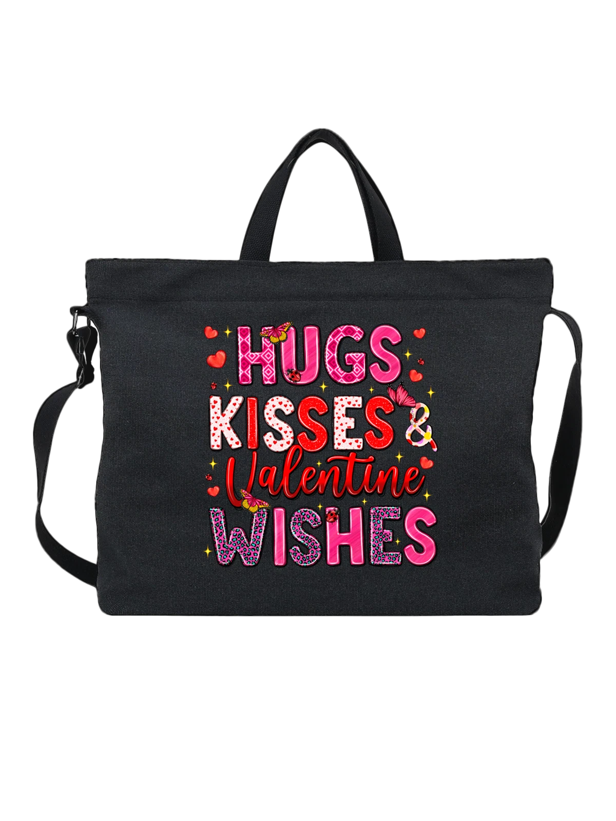 Сумка чёрная с принтом Валентайн с надписью Hugs Kisses Wishes — love — Чёрная, фото 1