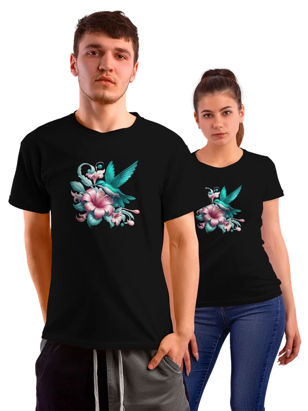Футболка колибри с гибискусом и тропическими цветами — Чёрная, фото 1