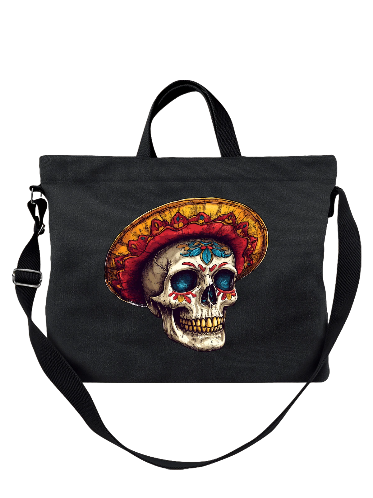 Сумка чёрная с принтом Decorated sugar skull в сомбреро — day of the dead — Чёрная, фото 1