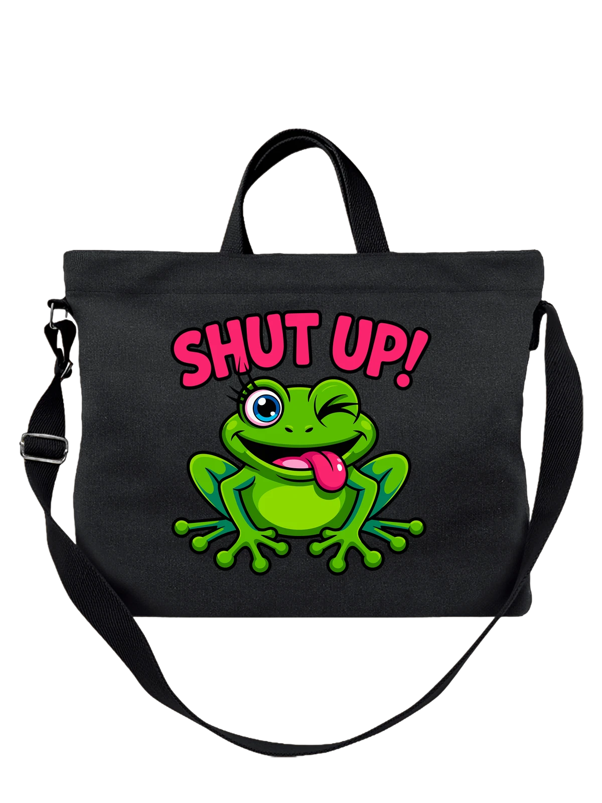 Сумка чёрная с принтом Зеленая лягушка, подмигивание — frogs — Чёрная, фото 1