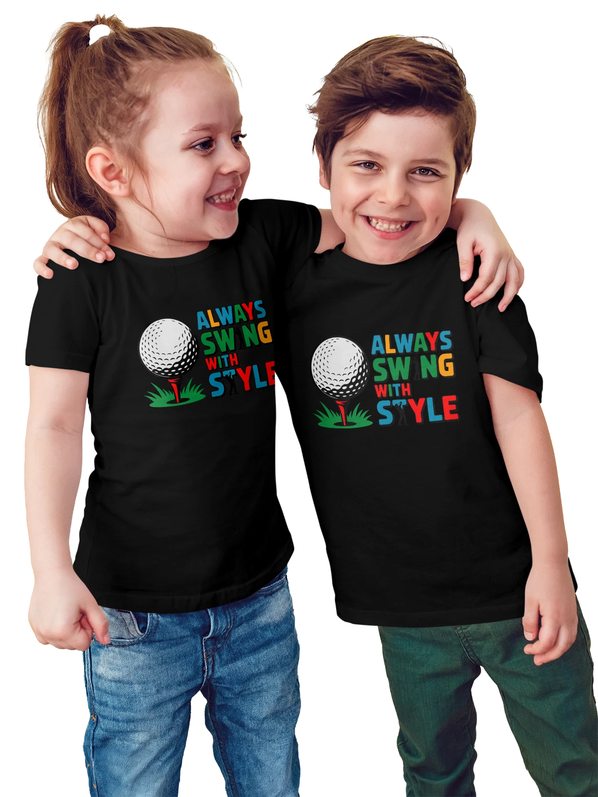 Футболка детская для гольфа и надписью ALWAYS SWING WITH STYLE чёрная с принтом — подарок для гольфиста — Чёрная, фото 1