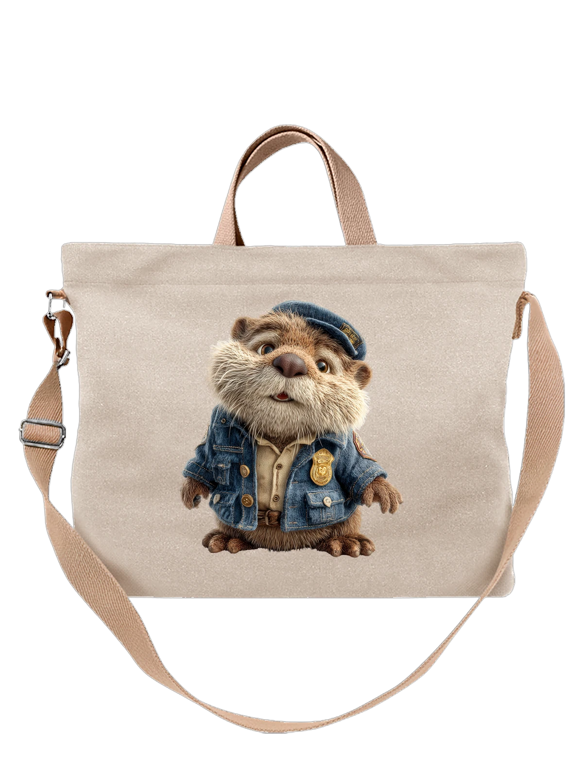 Сумка бежевая с принтом с мультяшной выдрой-полицейским — персонаж выдра — Бежевая, фото 1