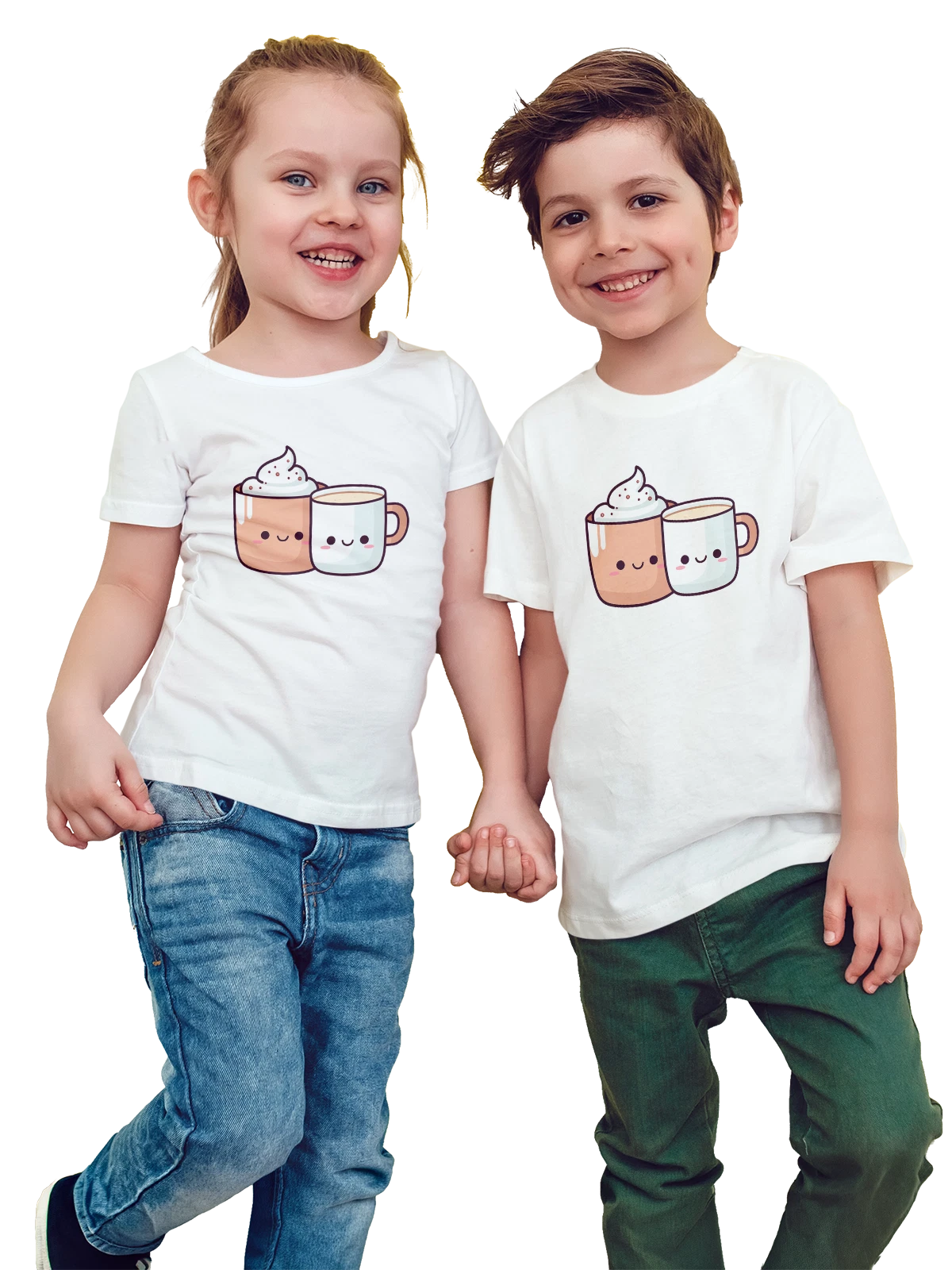Футболка детская Милые кружки какао и кофе с улыбками белая с принтом — сливки — Белая, фото 1
