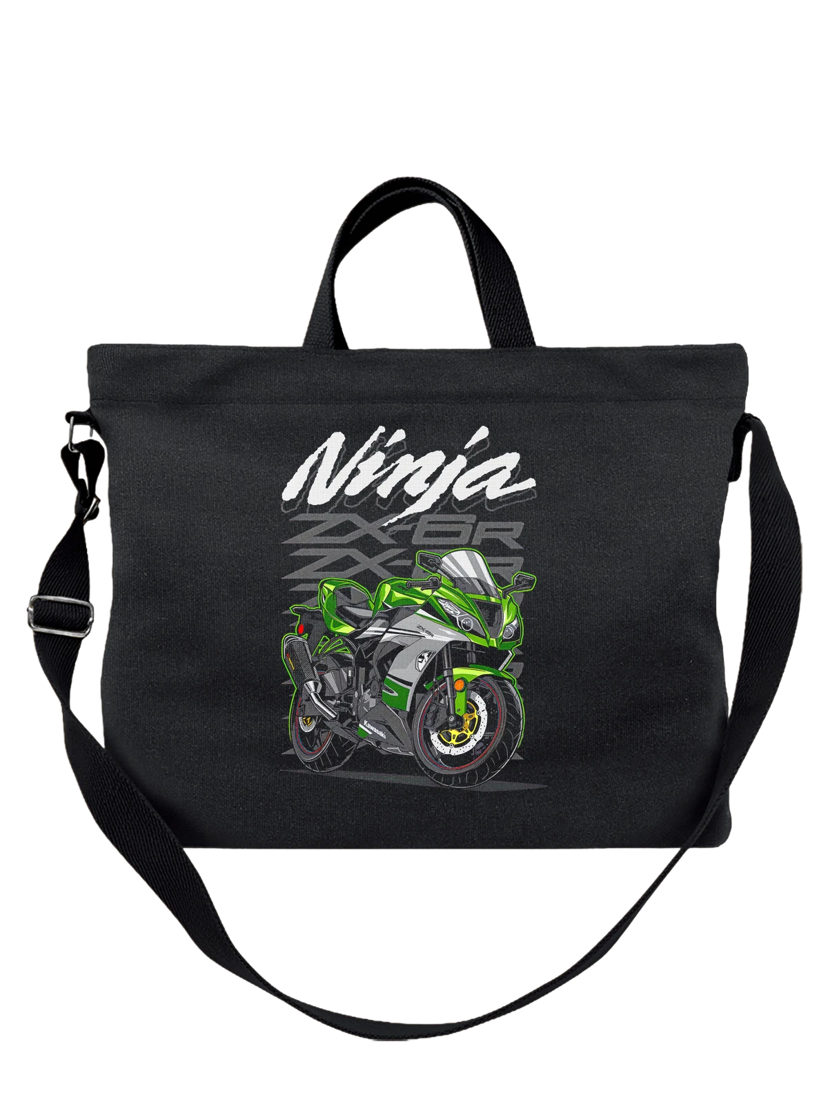 Сумка чёрная с принтом Спортбайк Kawasaki ZX-10R зелёный мотоцикл — трековый байк — Чёрная, фото 1