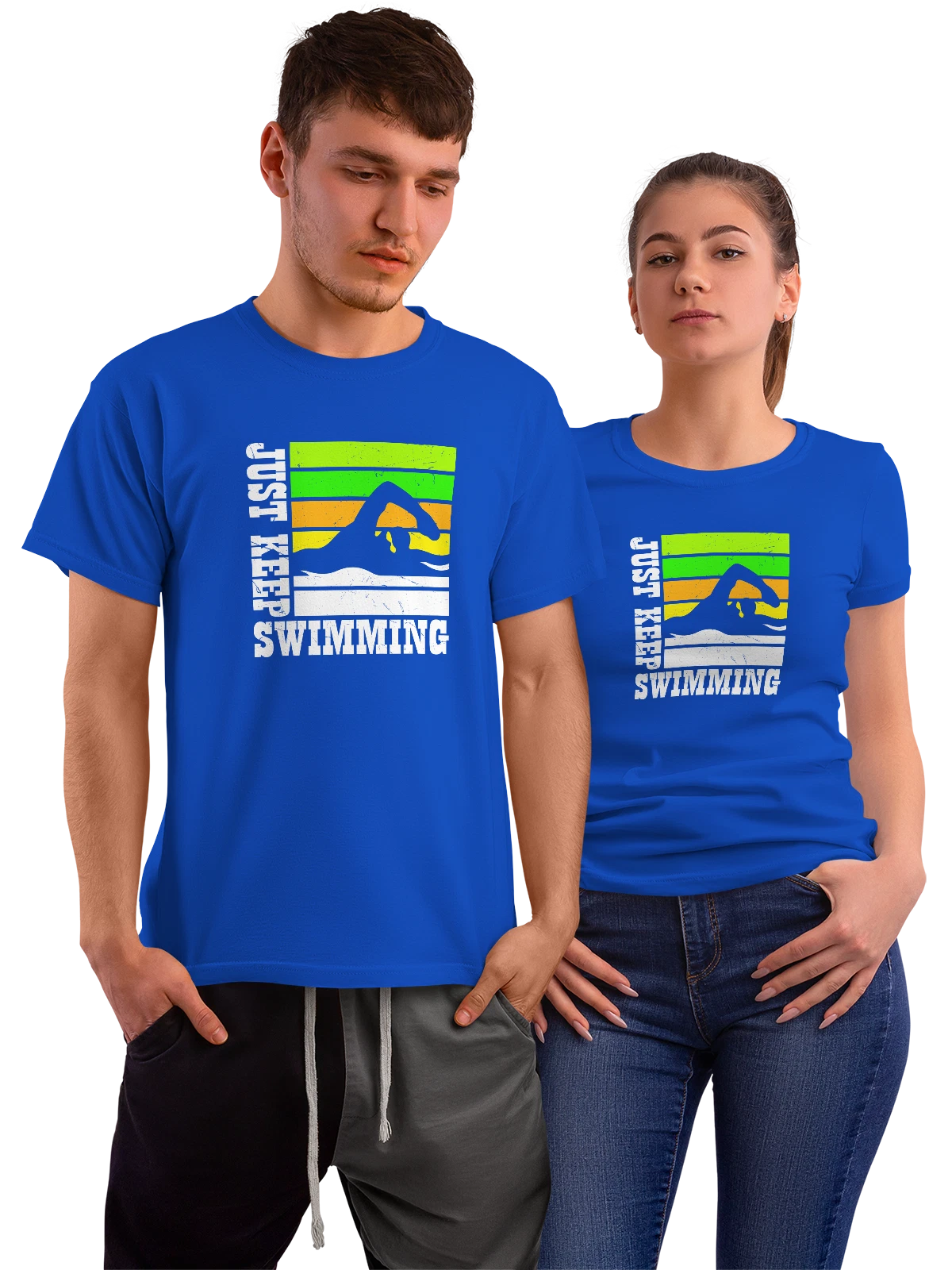 Футболка Надпись just keep swimming синяя с принтом — животный мир — Синяя, фото 1