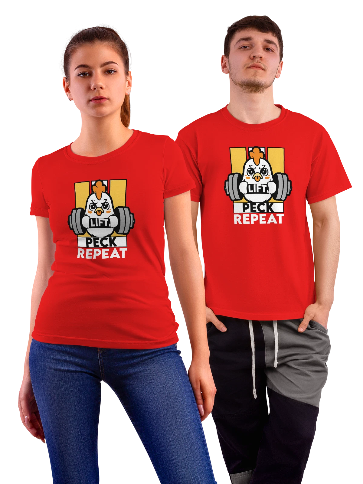 Футболка Цыпленок штангист lift peck repeat красная с принтом — дикая природа — Красная, фото 1