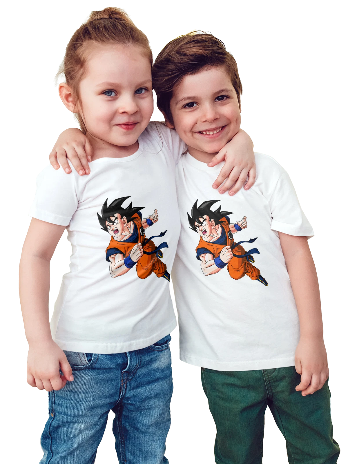 Футболка детская Гоку Dragon Ball в оранжевой боевой форме белая с принтом — синий пояс — Белая, фото 1