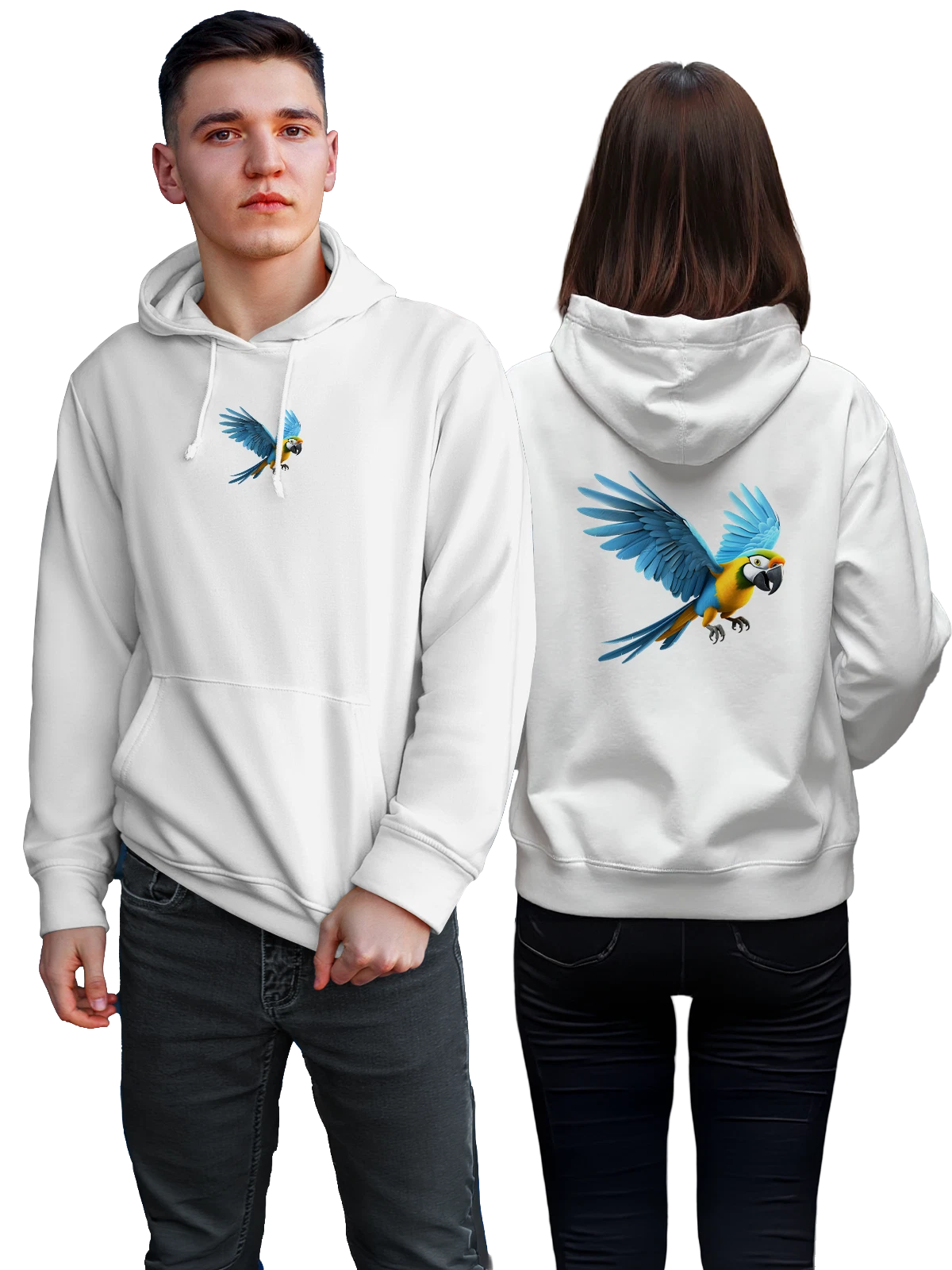 Худи с сине-жёлтым попугаем ара белое с принтом — животные — Белая, фото 1