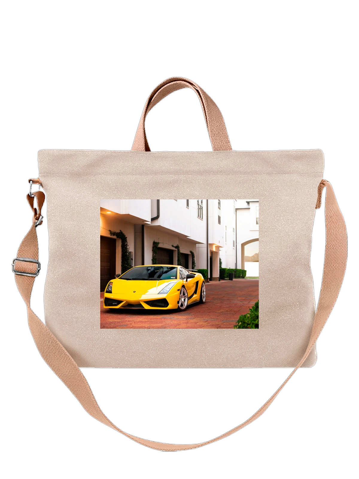 Сумка бежевая с принтом Машина желтая lamborghini — скорость и динамика — Бежевая, фото 1