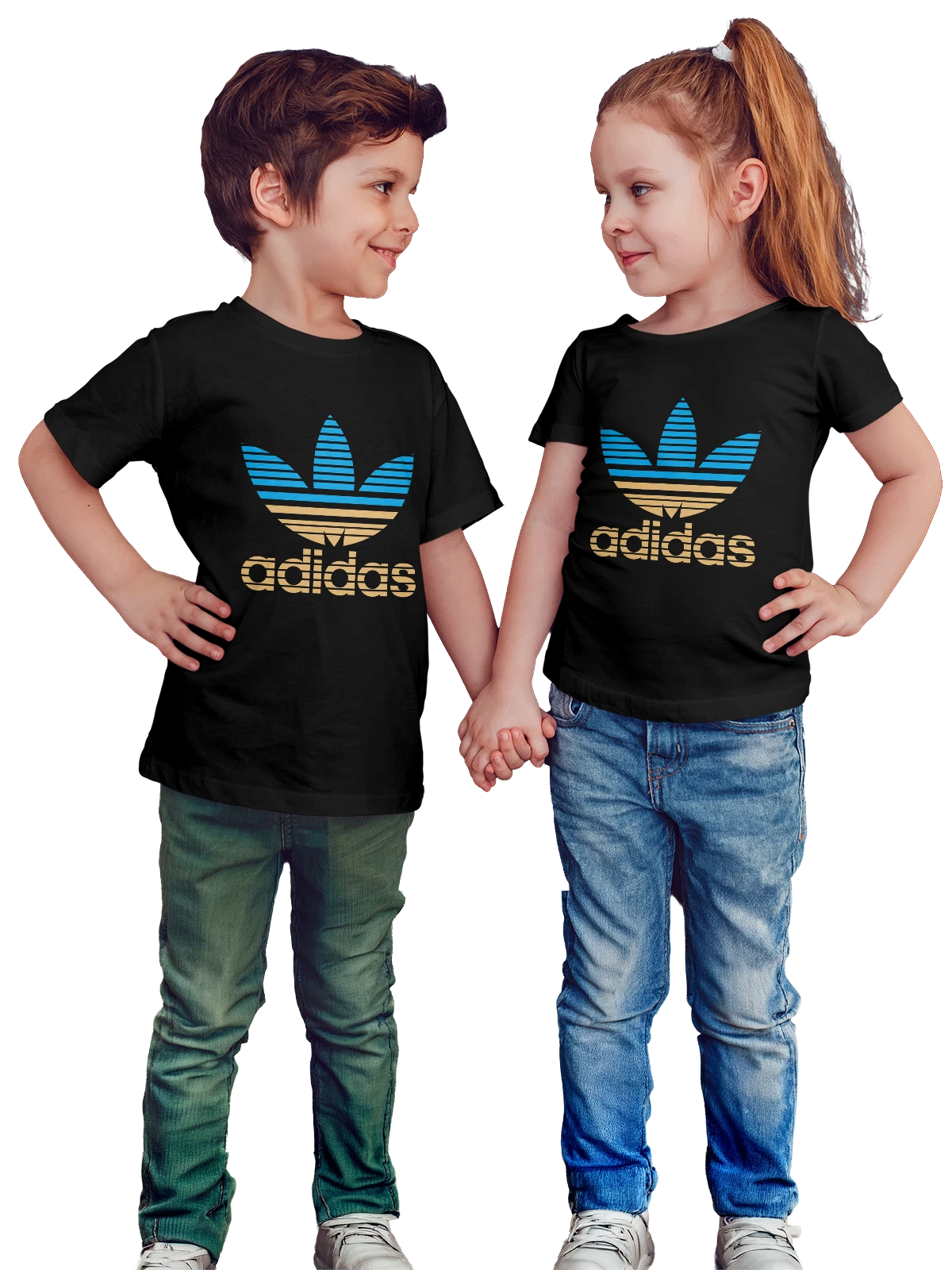 Футболка детская Adidas trefoil голубой трилистник чёрная с принтом — знак adidas — Чёрная, фото 1