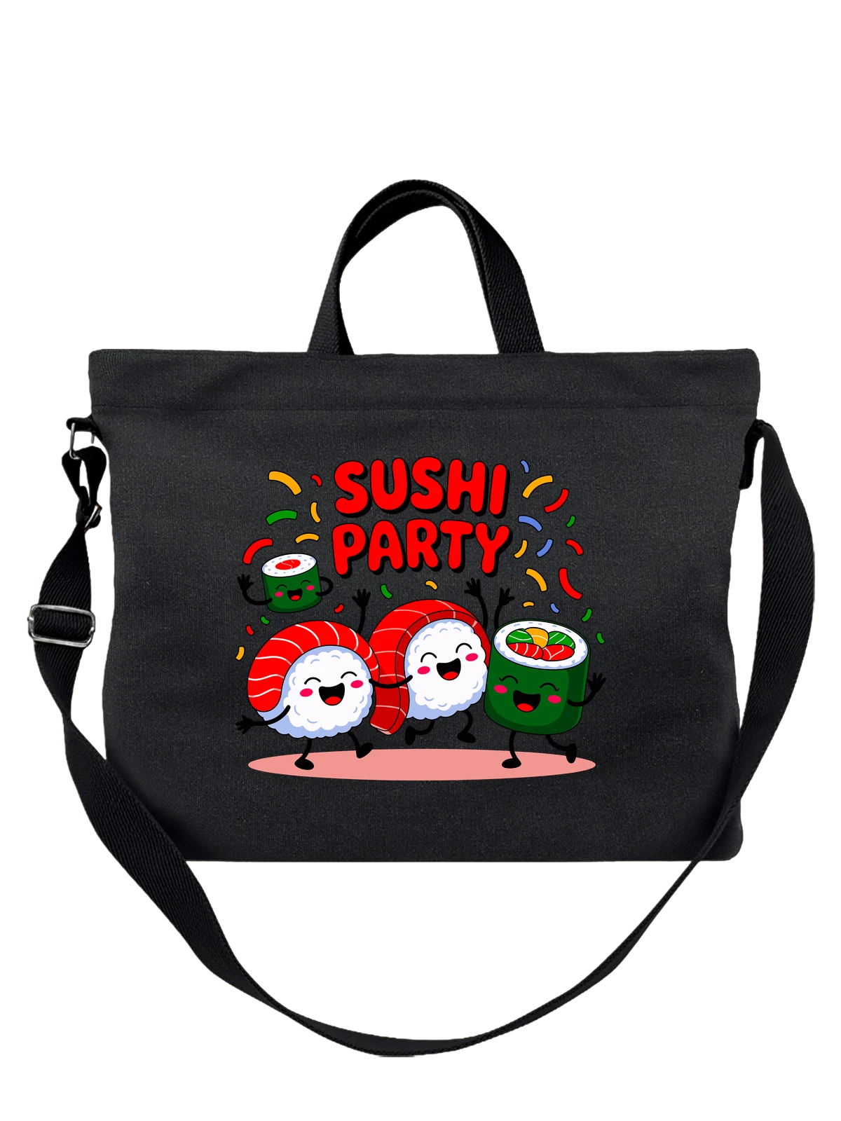 Сумка чёрная с принтом с kawaii sushi roll и веселыми роллами — cartoon — Чёрная, фото 1