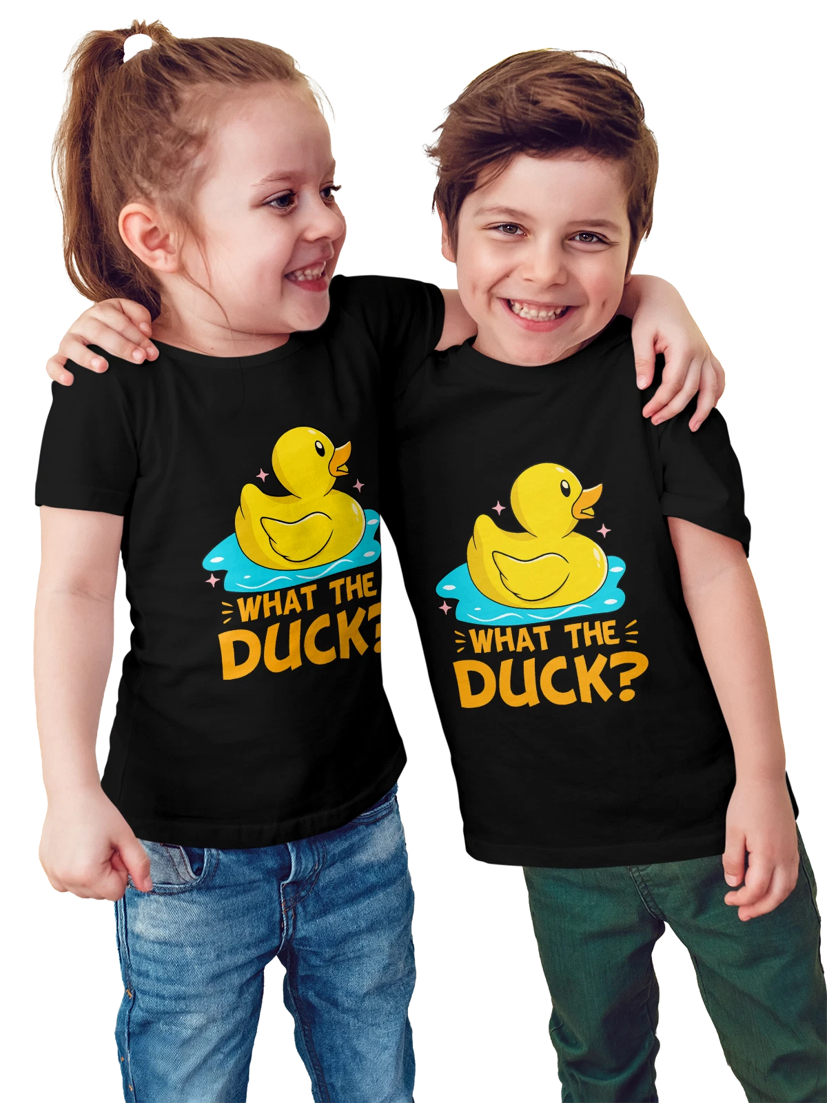 Футболка детская с утенком what the duck чёрная с принтом — птичий принт — Чёрная, фото 1