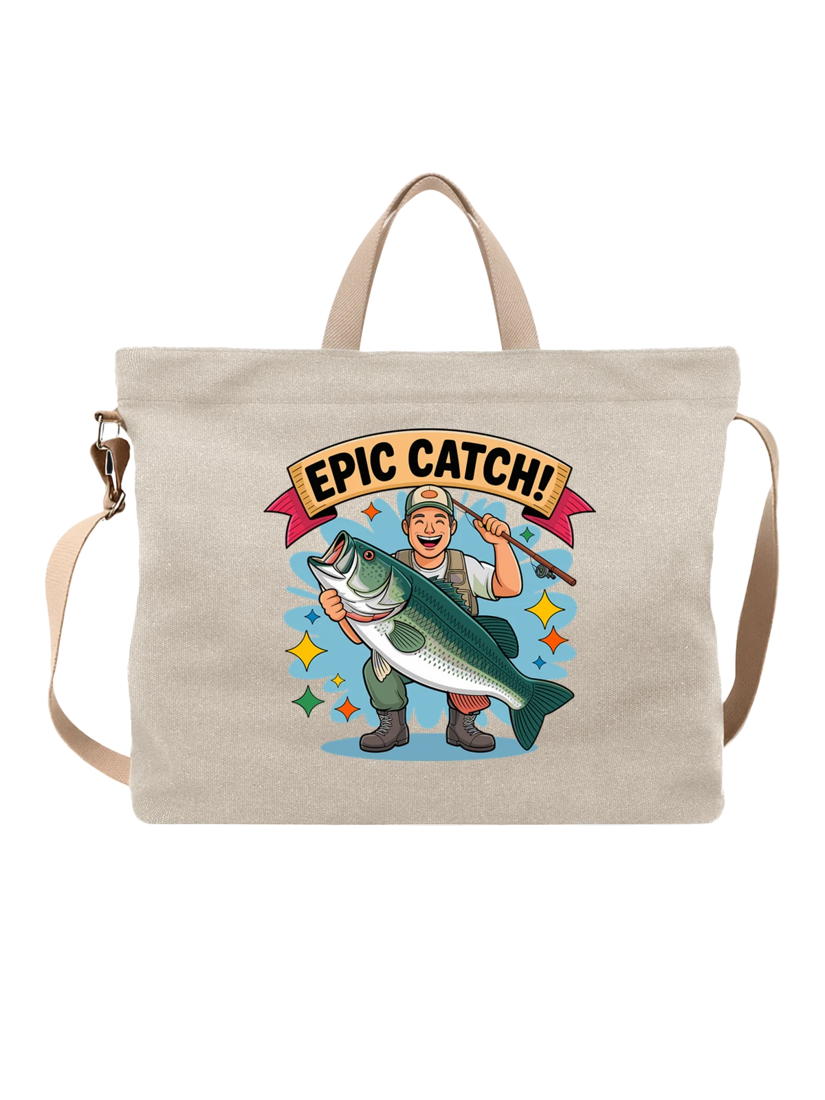 Сумка бежевая с принтом Рыбак с огромным лососем Epic Catch — ловля лосося — Бежевая, фото 1