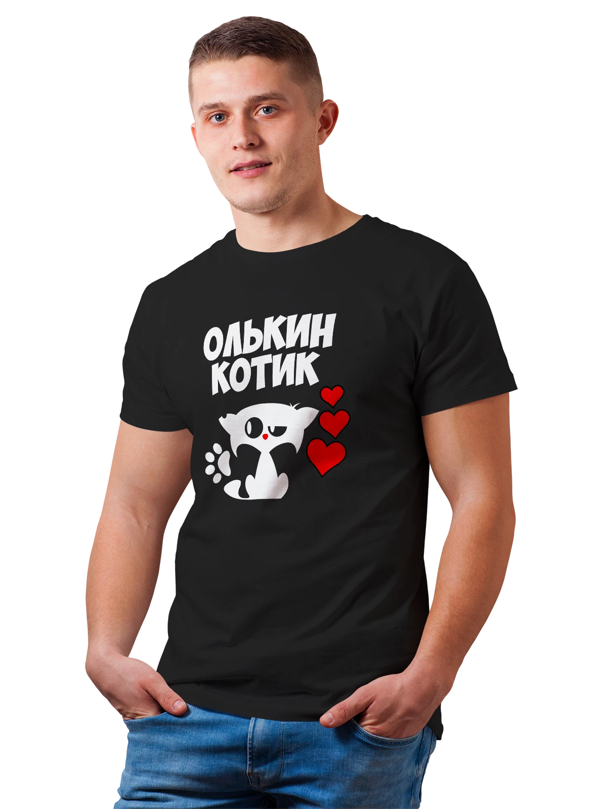 Футболка Олин котик чёрная с принтом — домашний питомец — Чёрная, фото 1