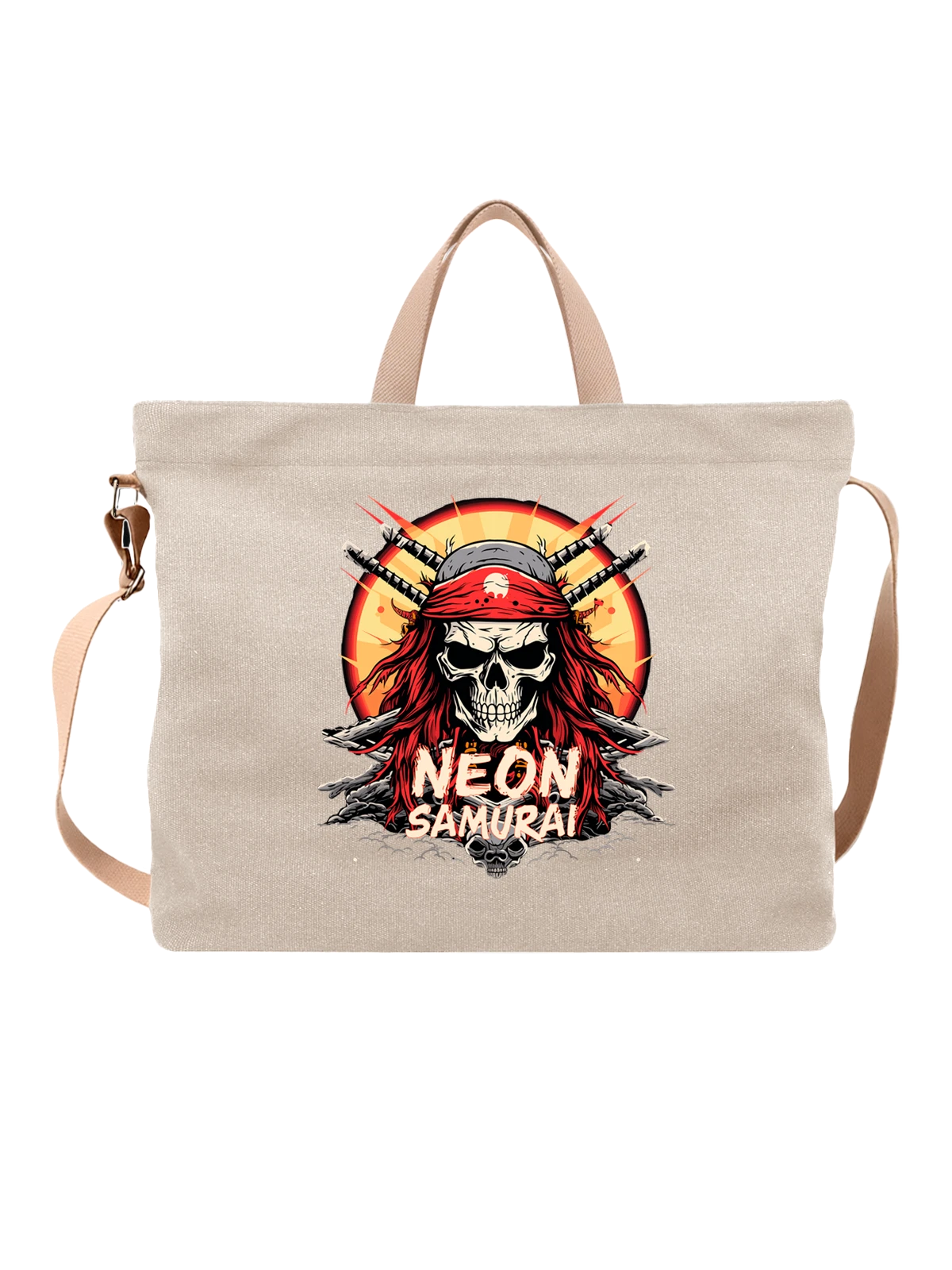 Сумка с черепом neon samurai белая с принтом — подарок любителю фэнтези — Белая, фото 1