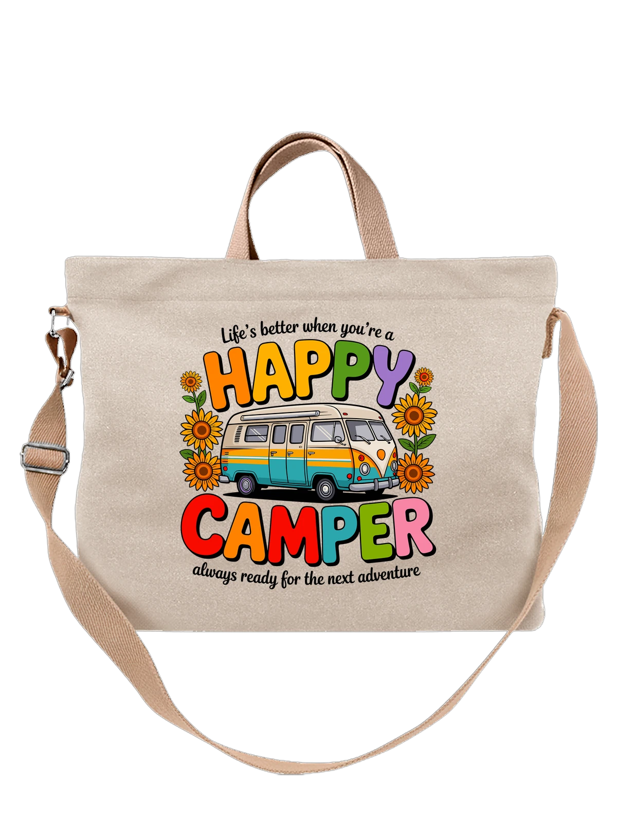 Сумка бежевая с принтом с винтажным camper van и цветами — автодом в стиле хиппи — Бежевая, фото 1