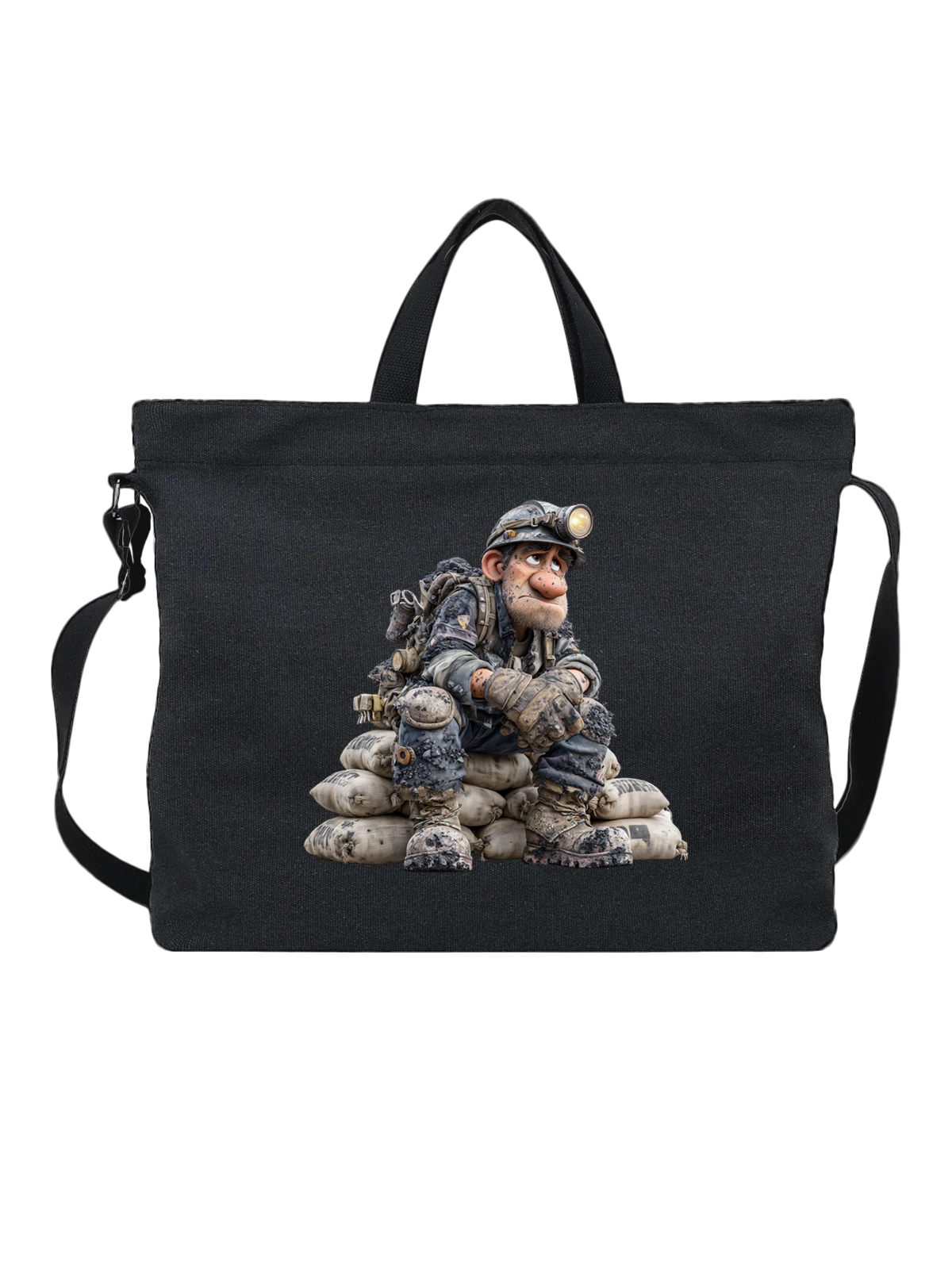 Сумка чёрная с принтом Шахтер в каске с фонарем и киркой — добыча угля — Чёрная, фото 1