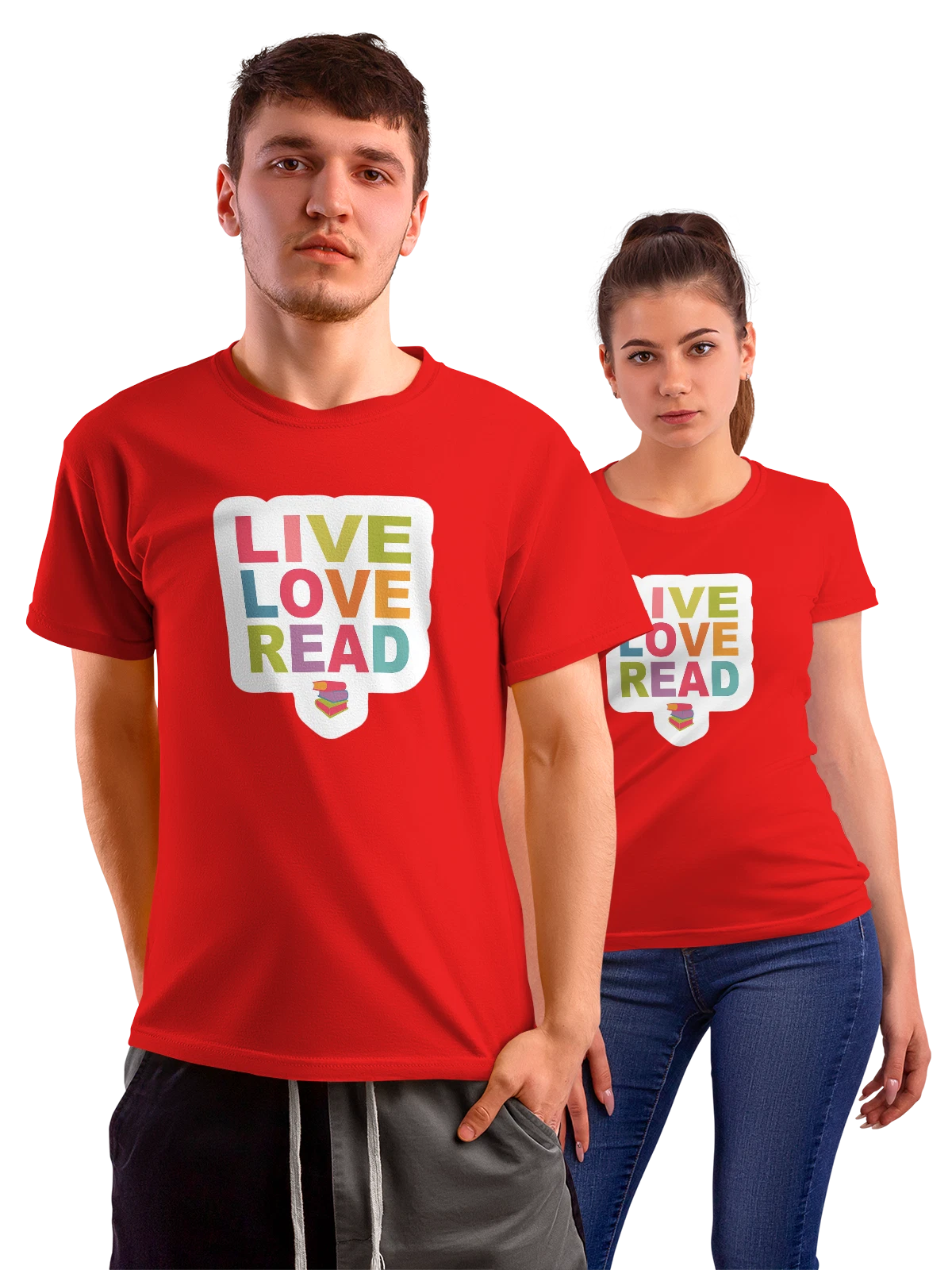 Футболка Live Love Read с книгами красная с принтом — библиотека — Красная, фото 1