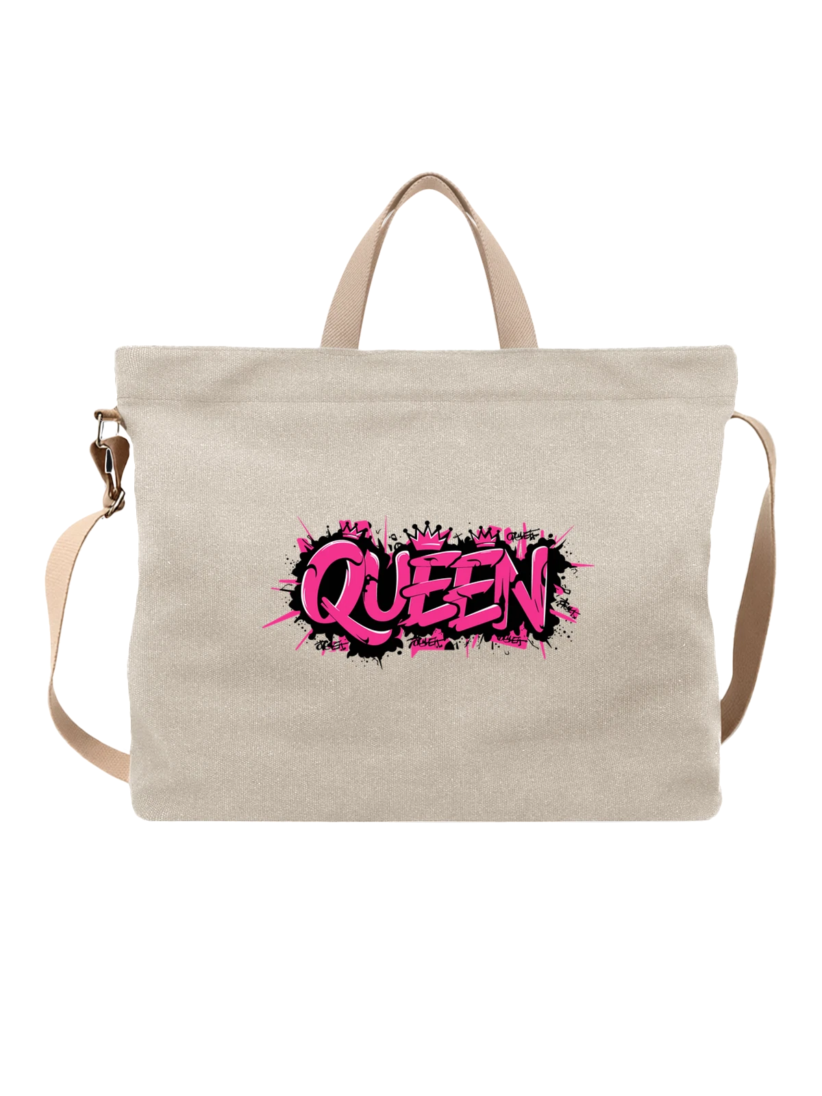 Сумка бежевая с принтом Надпись QUEEN в розовом граффити стиле — черный фон — Бежевая, фото 1