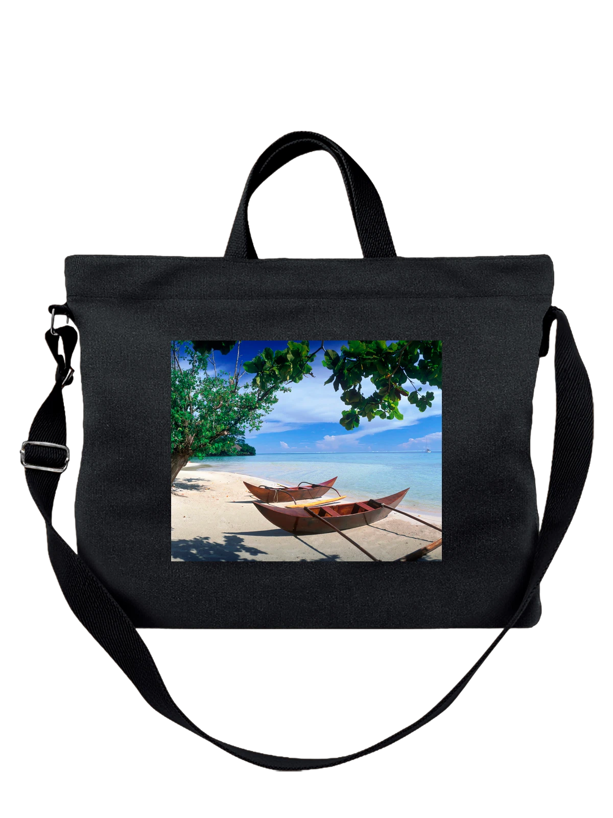 Сумка чёрная с принтом Страна Hana Iti Beach Huahine Island Tahiti — урбанистический стиль — Чёрная, фото 1