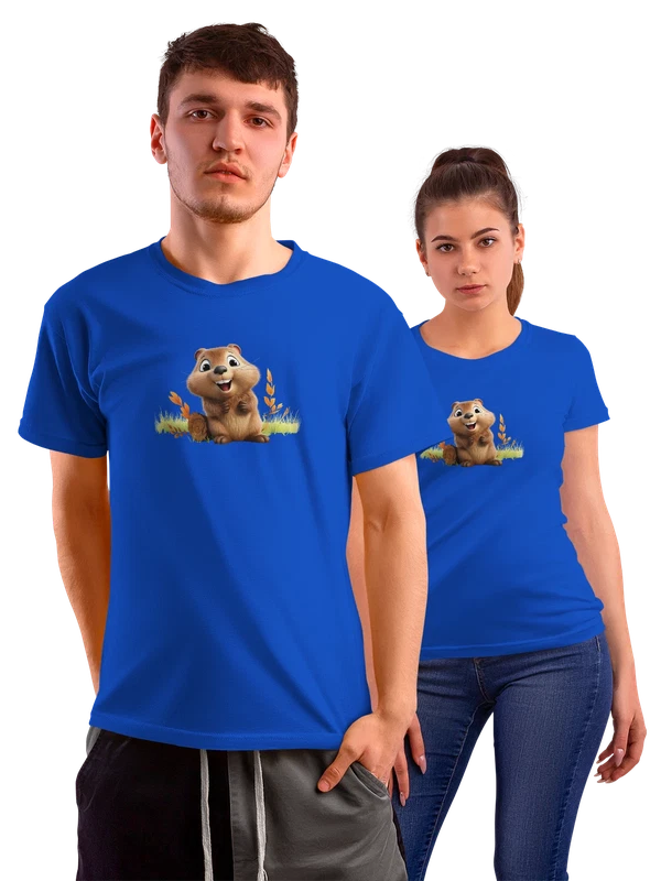Футболка милый бобер с улыбкой и листьями осенью — Синяя, фото 1