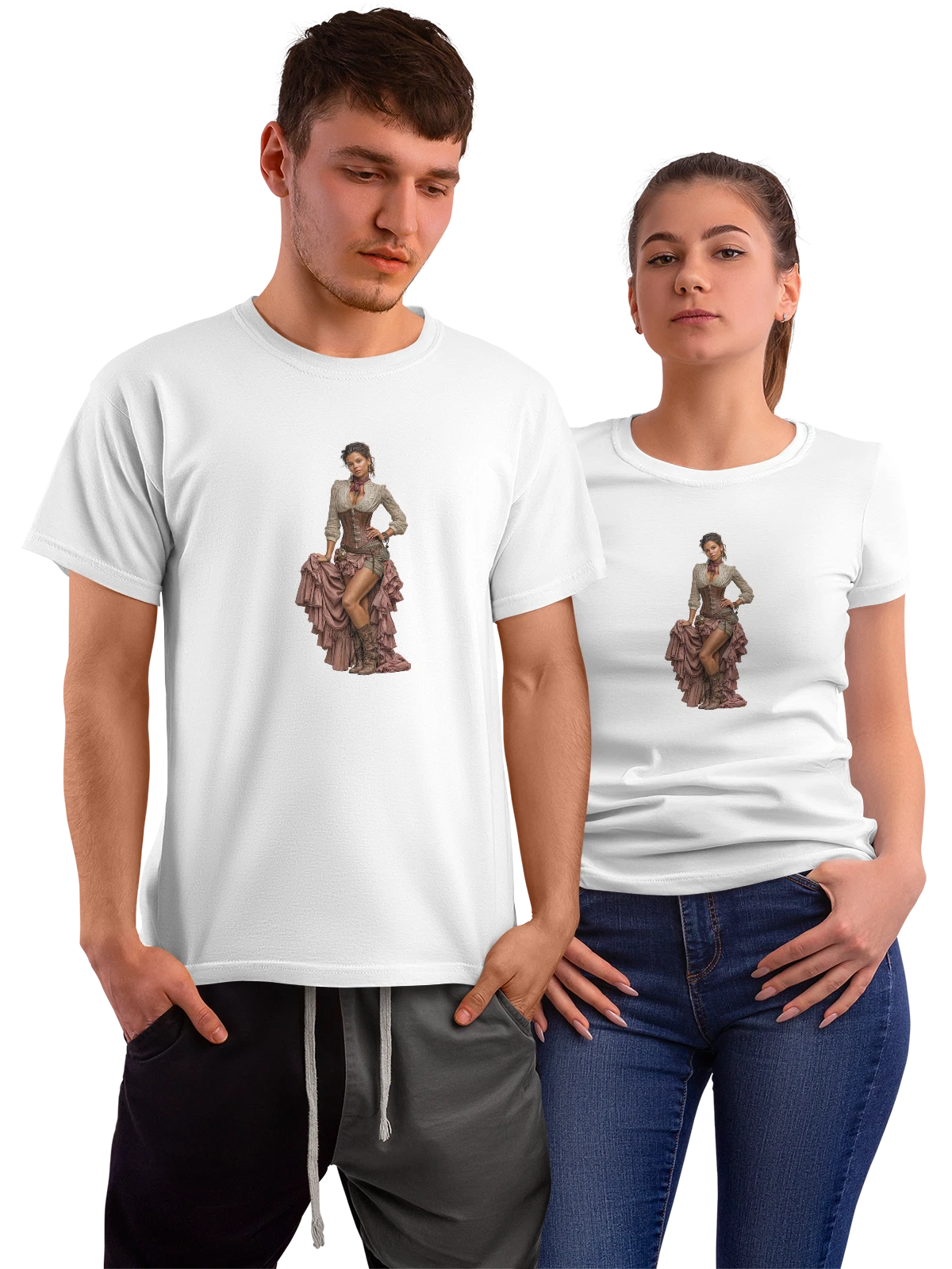 Футболка Девушка в викторианском пиратском костюме белая с принтом — портрет девушки — Белая, фото 1