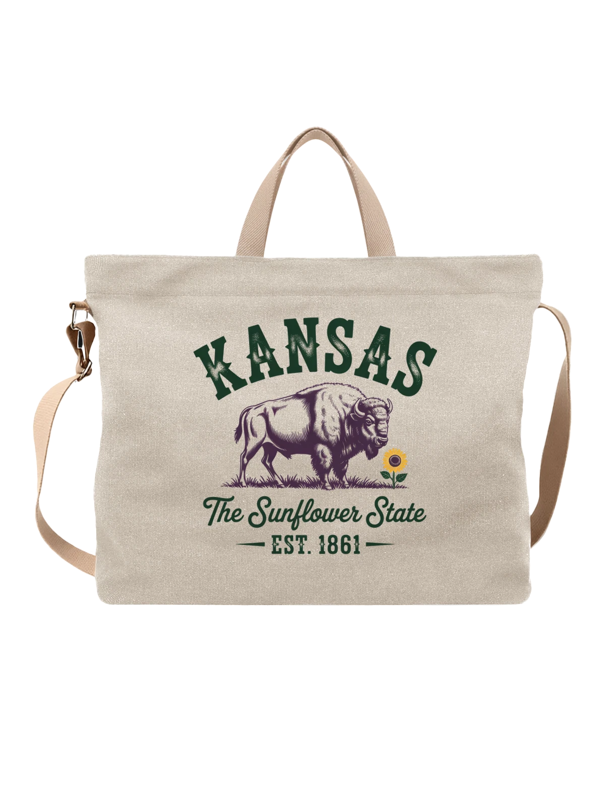 Сумка бежевая с принтом с бизоном Kansas и подсолнухом — винтажный герб — Бежевая, фото 1