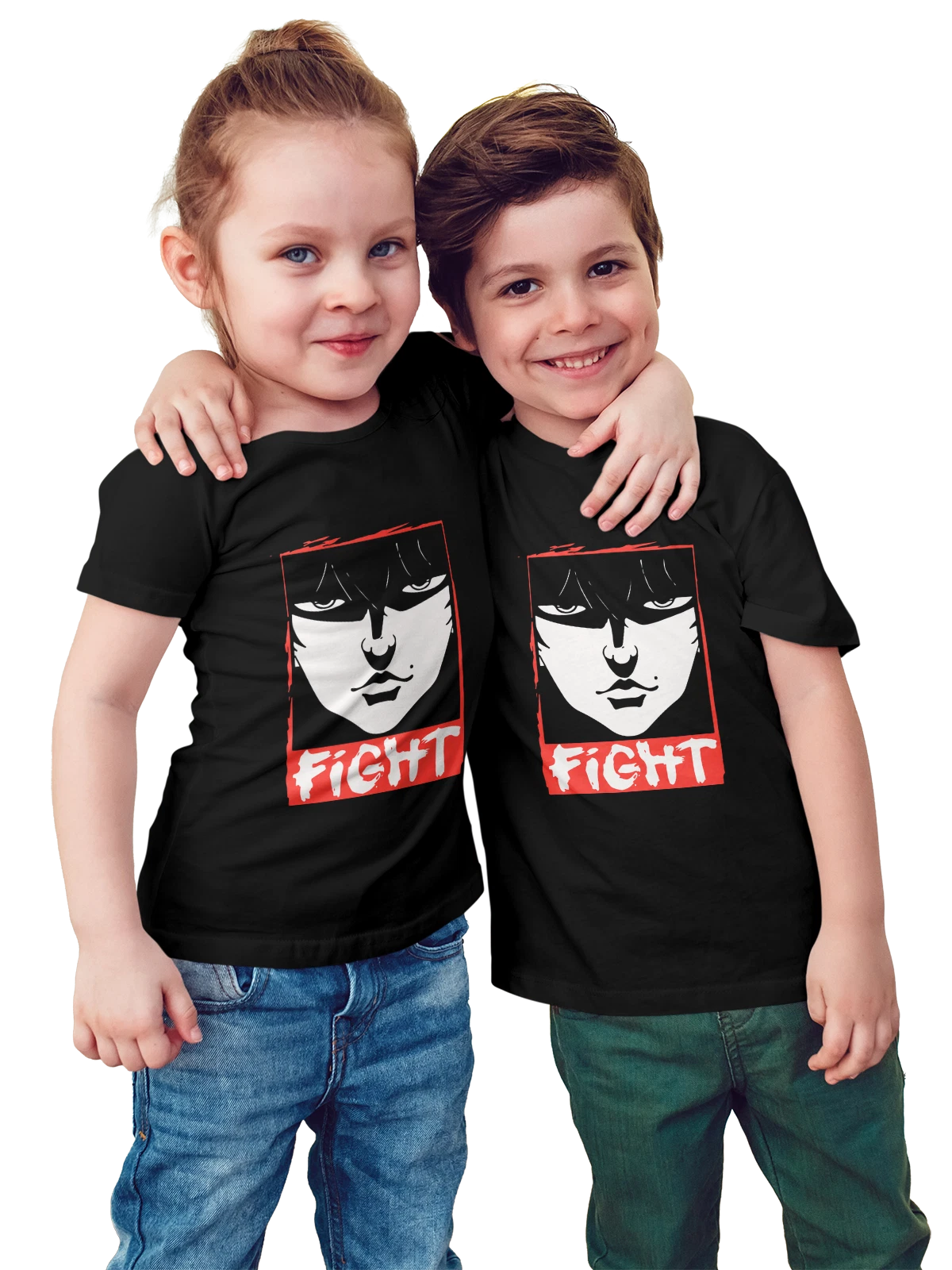 Футболка детская Fight белый щит на красном фоне чёрная с принтом — белая эмблема — Чёрная, фото 1
