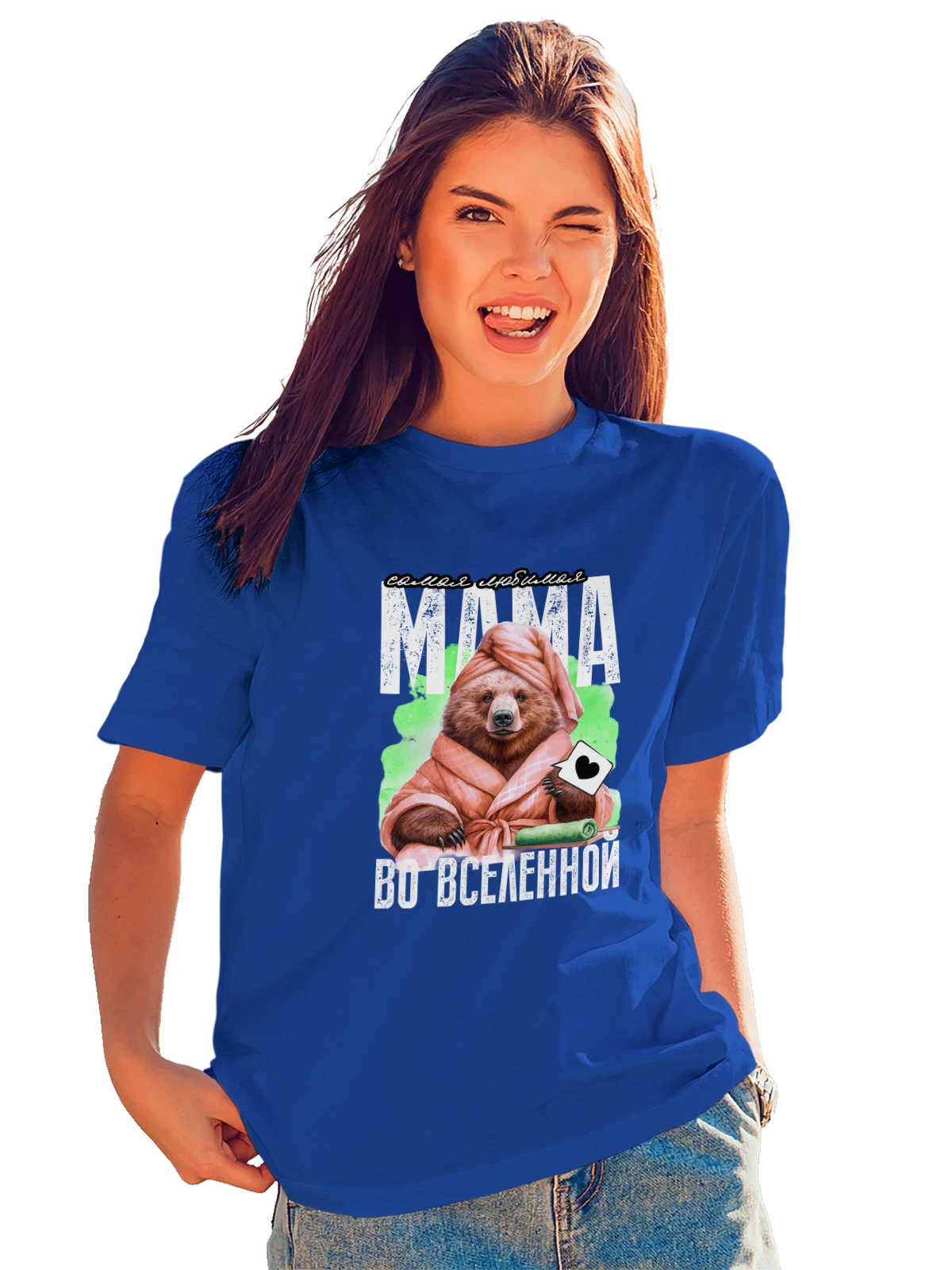 Футболка Мама с медведицей синяя с принтом — для мужа — Синяя, фото 1