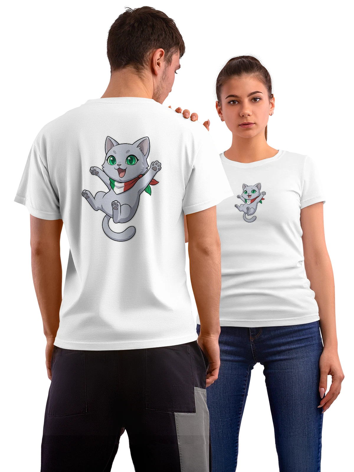Футболка Котенок с шарфом в цветах Италии белая с принтом на спине — большие зеленые глаза — Белая, фото 1
