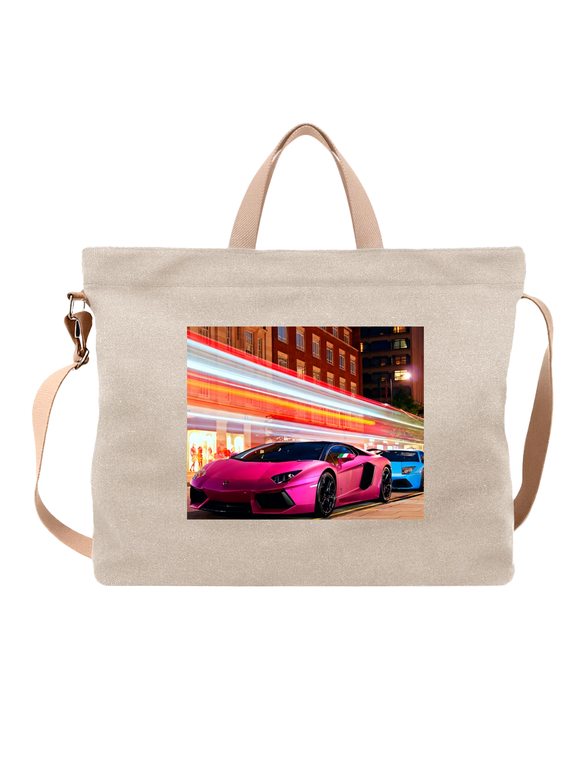 Сумка бежевая с принтом Машина Розовый Lamborghini Aventador — мощный двигатель — Бежевая, фото 1