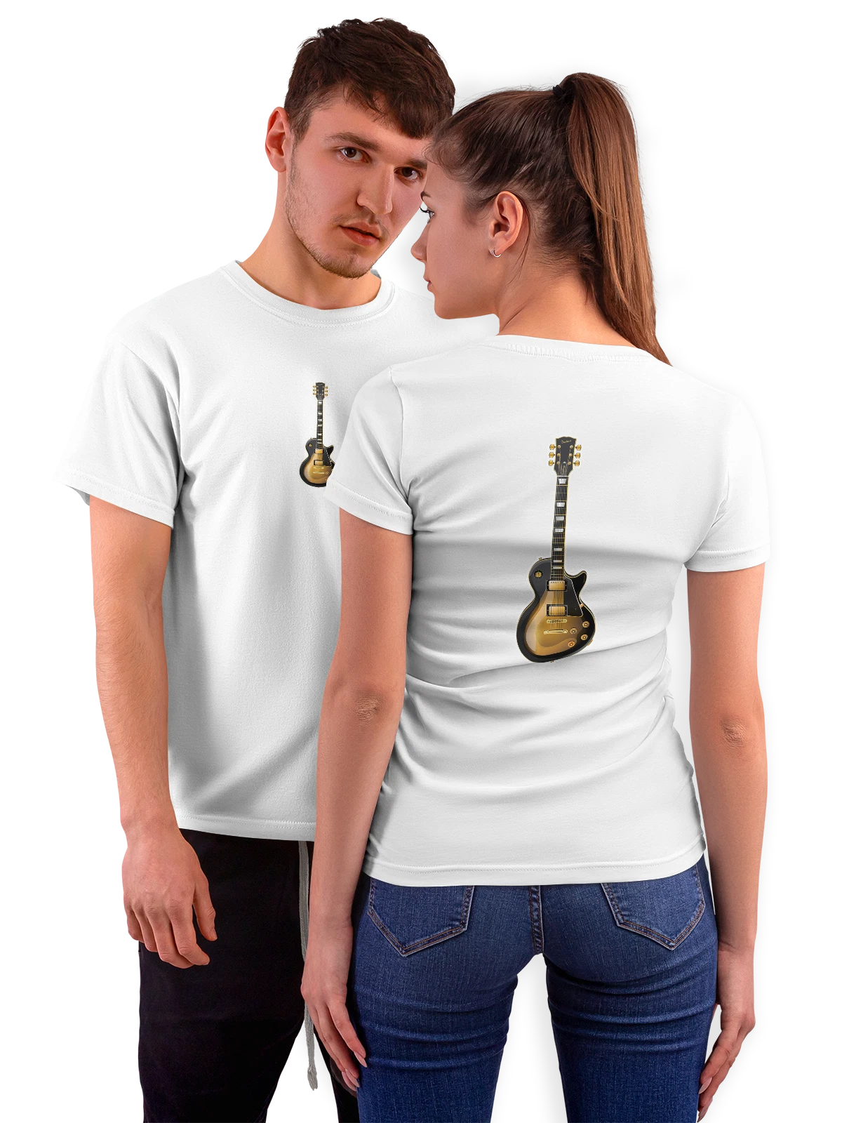 Футболка Электрогитара Gibson Les Paul черно золотая белая с принтом на спине — струны — Белая, фото 1