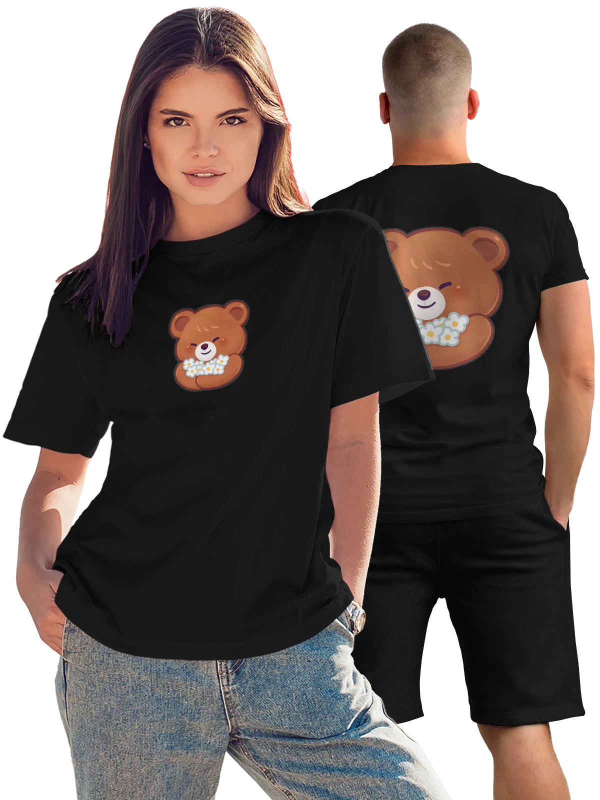 Футболка Милый коричневый bear с ромашками чёрная с принтом на спине — floral bouquet — Чёрная, фото 1