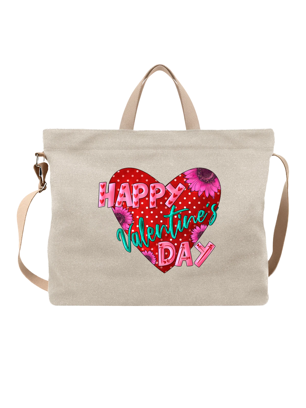Сумка бежевая с принтом Валентинка с надписью Happy Valentines Day — цветы — Бежевая, фото 1