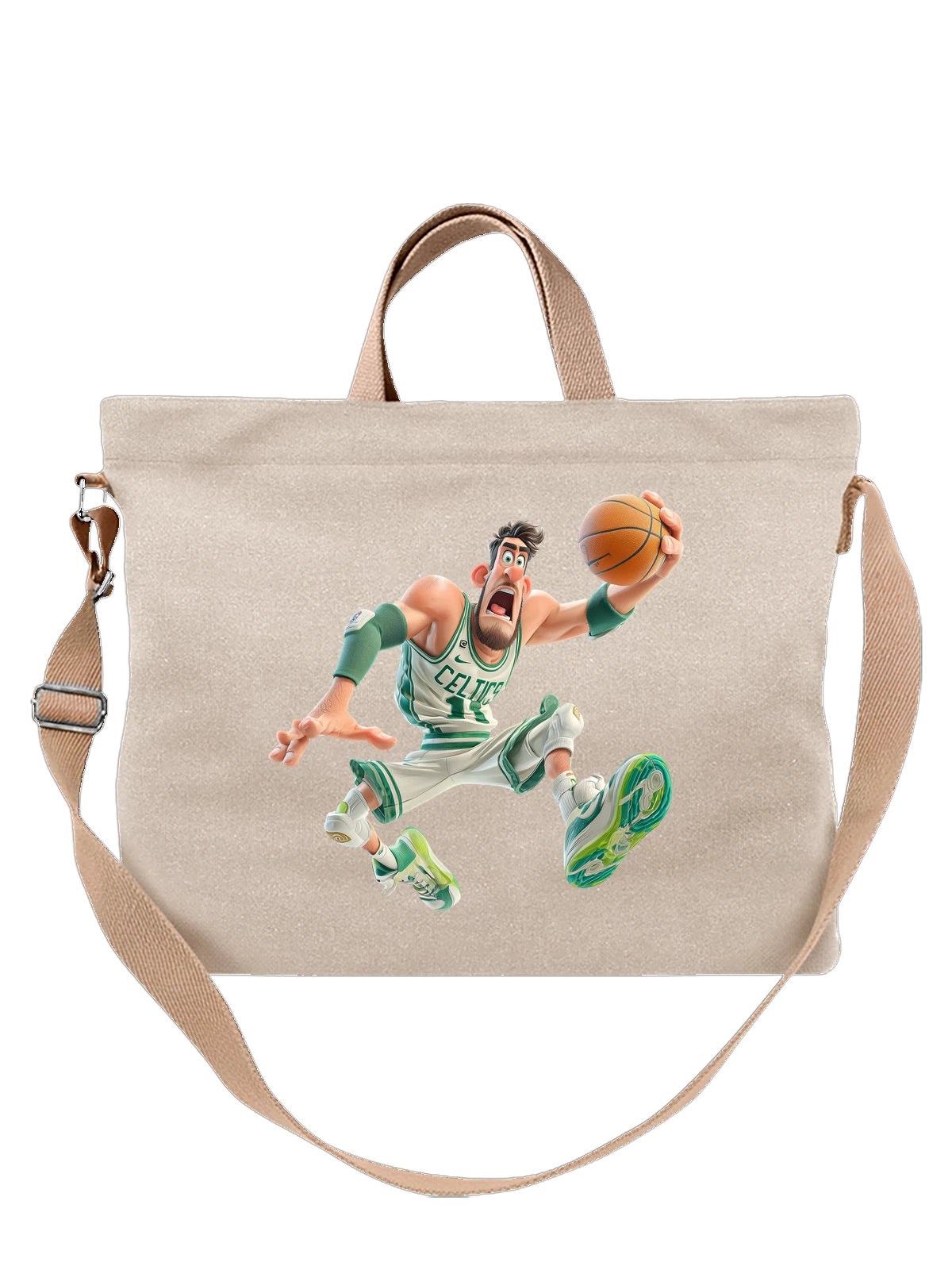 Сумка бежевая с принтом Баскетболист Celtics в прыжке — кроссовки — Бежевая, фото 1