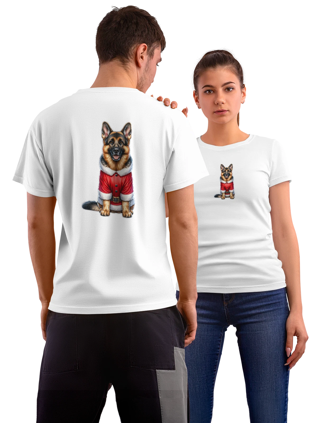 Футболка German Shepherd в костюме Санты белая с принтом на спине — белая меховая отделка — Белая, фото 1