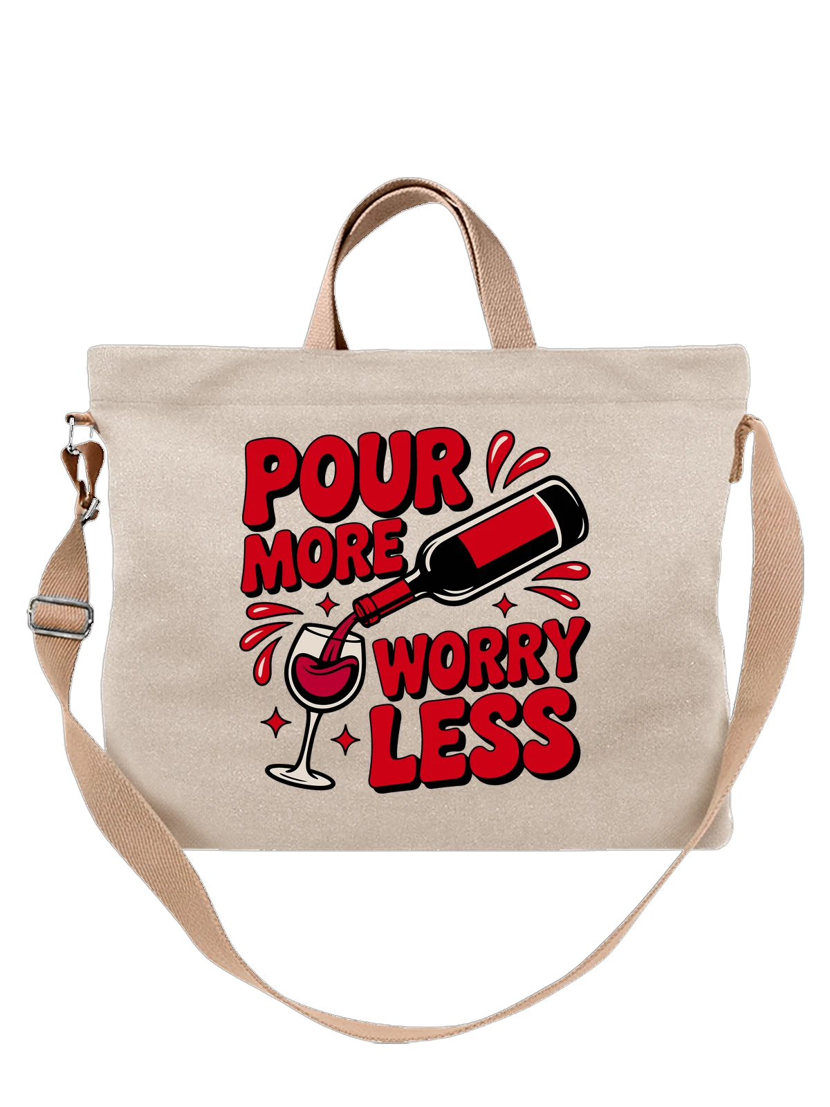 Сумка бежевая с принтом Pour More Worry Less с вином и бокалом — винный бокал — Бежевая, фото 1
