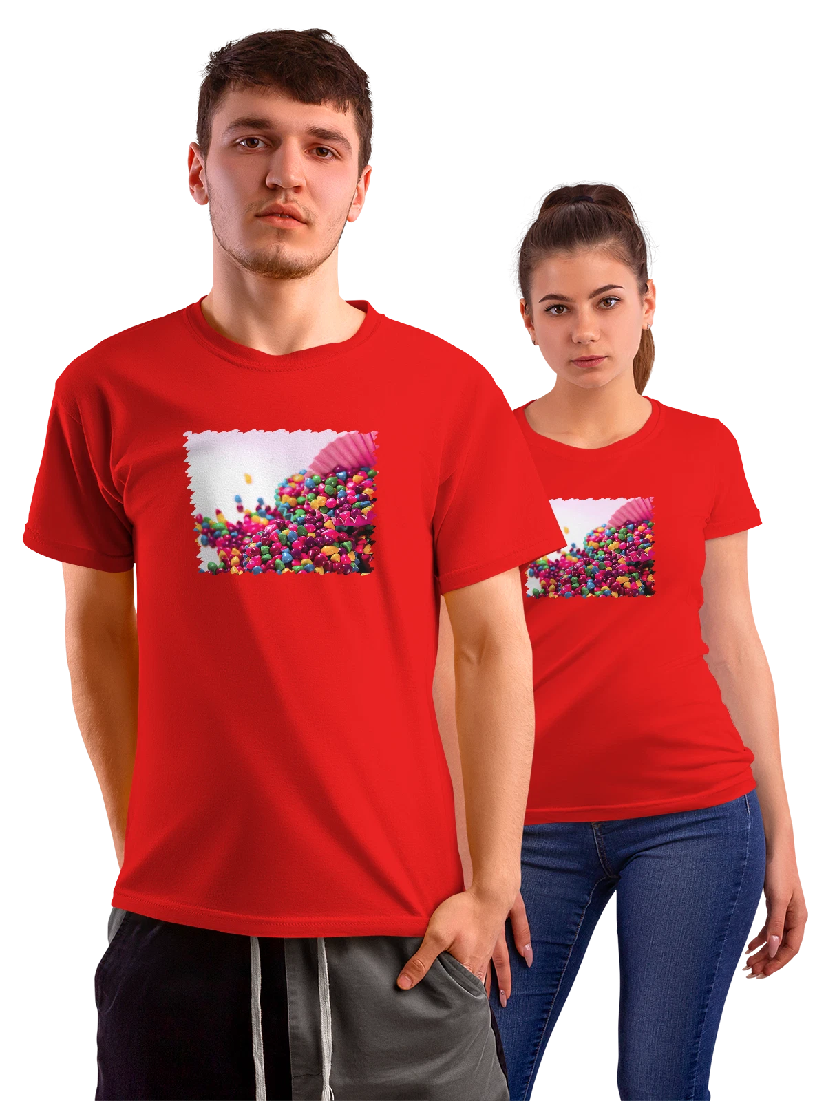 Футболка Макро Colorful Candys красная с принтом — путешествия — Красная, фото 1