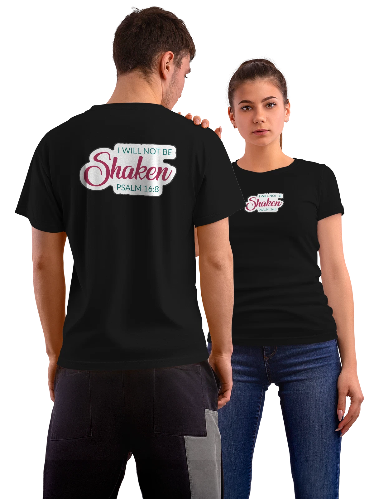 Футболка I Will Not Be Shaken Psalm 16 8 чёрная с принтом на спине — вдохновляющая фраза — Чёрная, фото 1