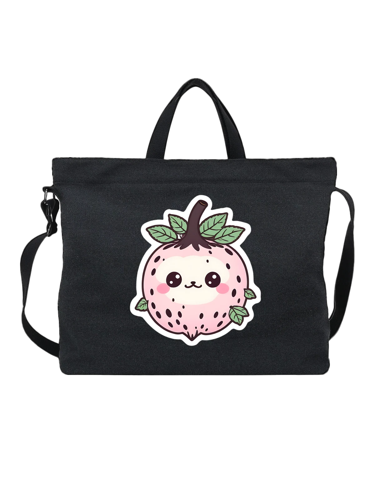 Сумка с милой кавайной клубникой листочками чёрная с принтом — kawaii fruit — Чёрная, фото 1