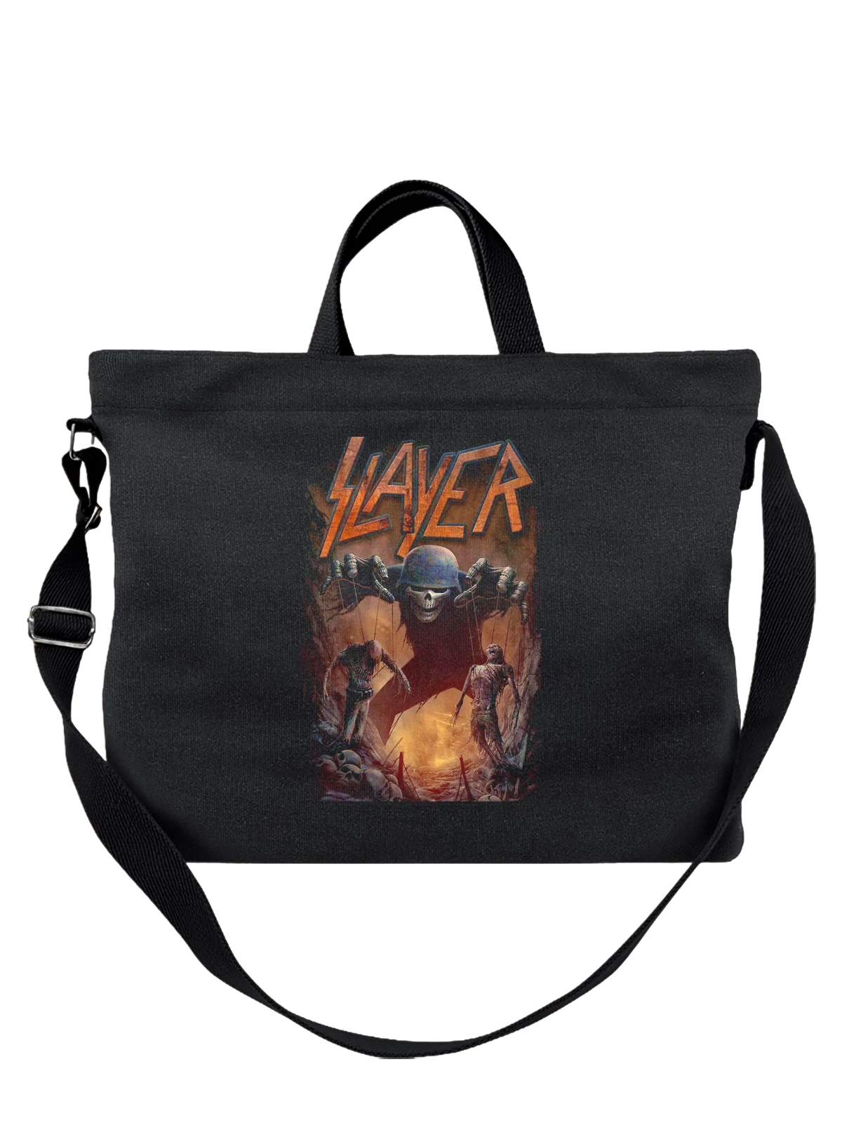 Сумка чёрная с принтом с аниме группой Slayer и демоническим черепом — череп — Чёрная, фото 1