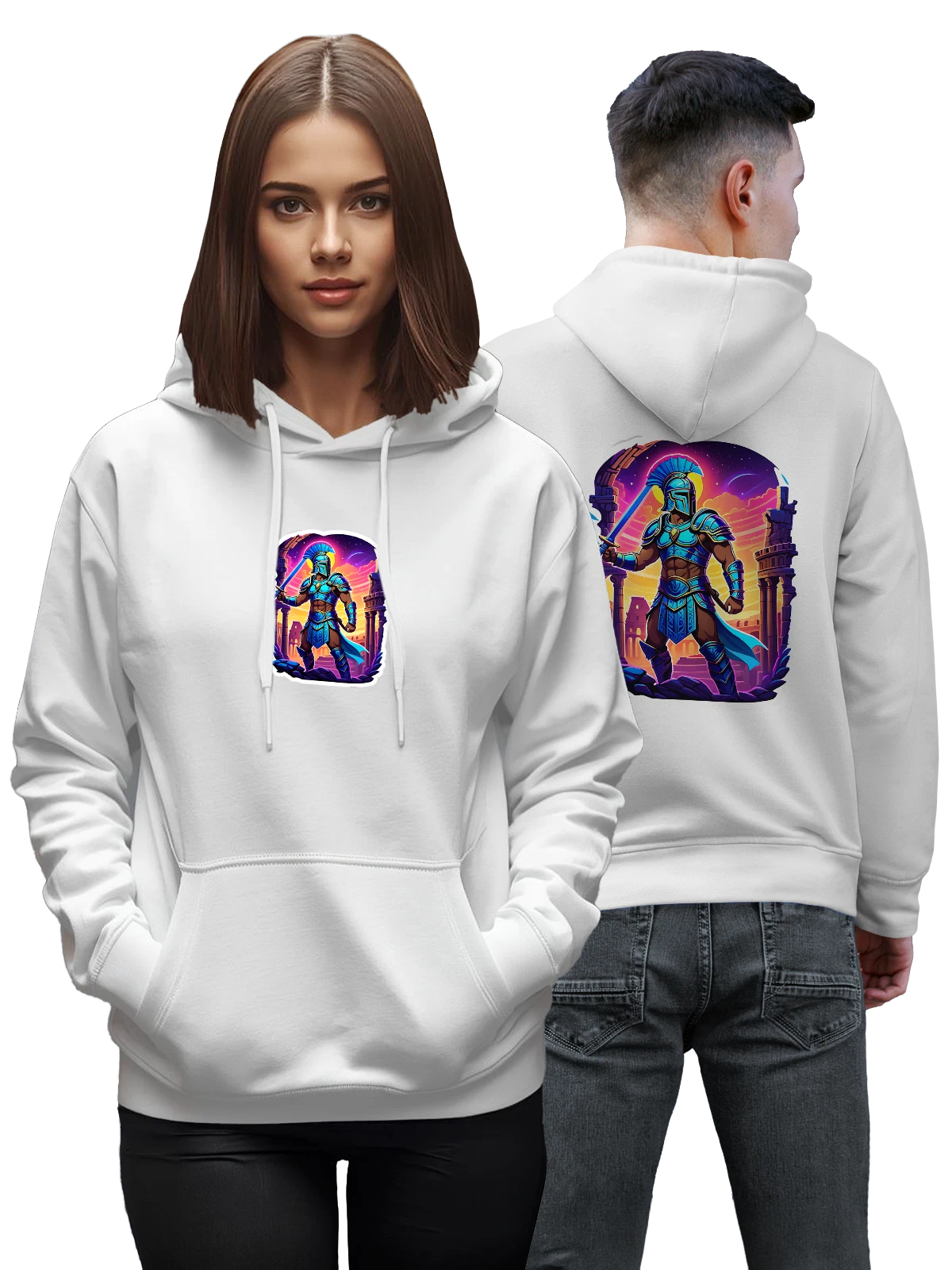 Худи Римский гладиатор в синей броне с мечом белое с принтом — копье — Белая, фото 1