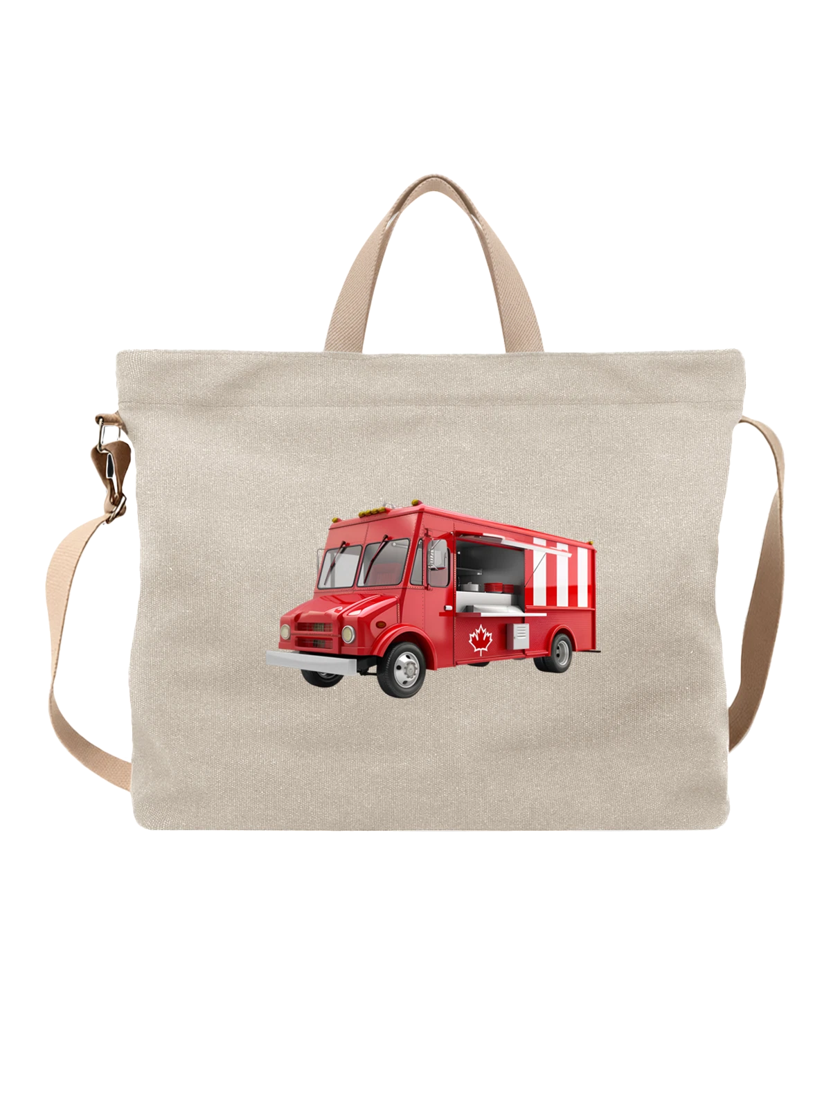 Сумка бежевая с принтом Красный food truck с канадским кленовым листом — Canadian maple leaf — Бежевая, фото 1