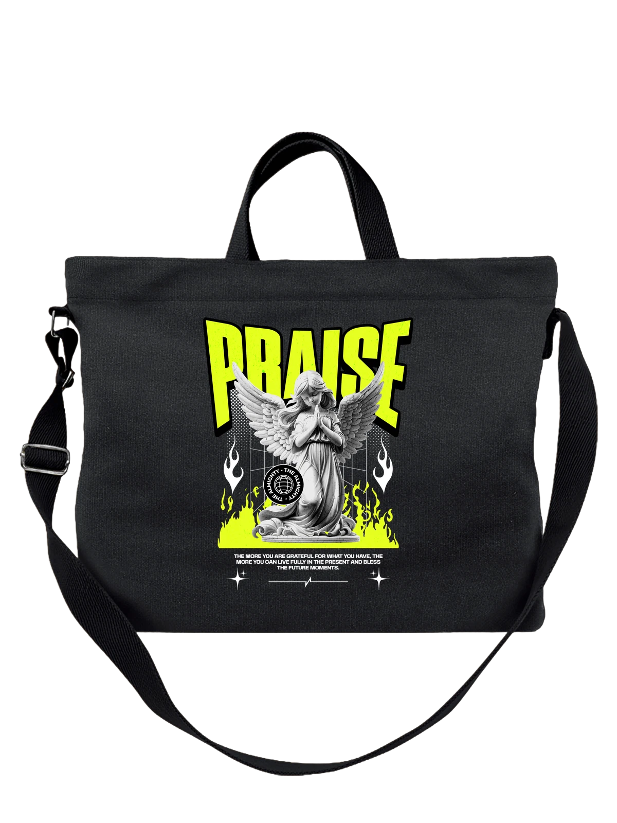 Сумка чёрная с принтом Ангел с крыльями и словом PRAISE — praise — Чёрная, фото 1