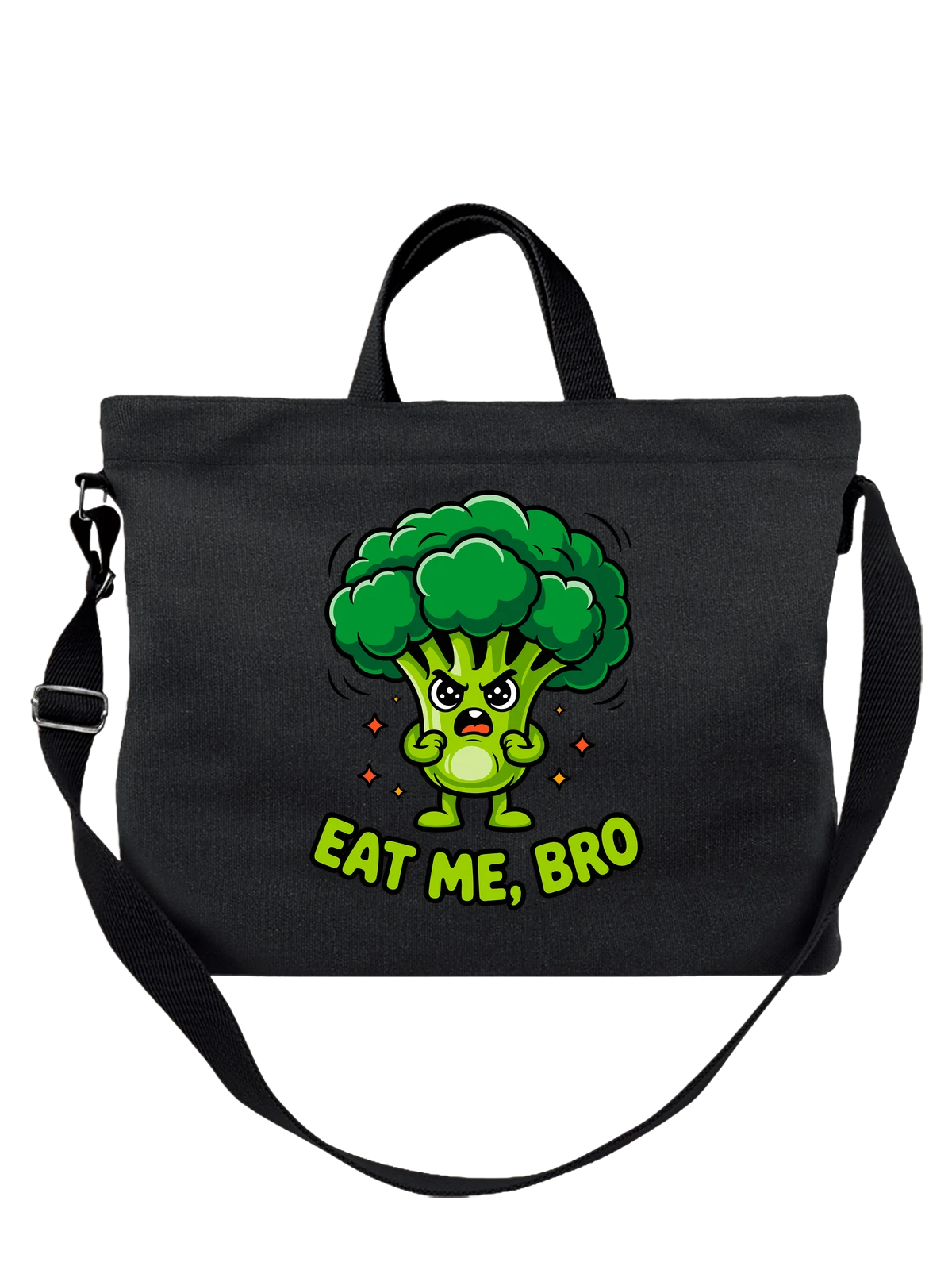 Сумка чёрная с принтом Брокколи с сердитым лицом и надписью EAT ME BRO — надпись Eat Me Bro — Чёрная, фото 1