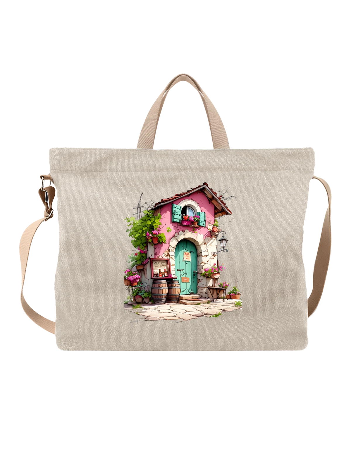 Сумка бежевая с принтом Сказочный розовый домик с бирюзовой дверью — storybook house — Бежевая, фото 1